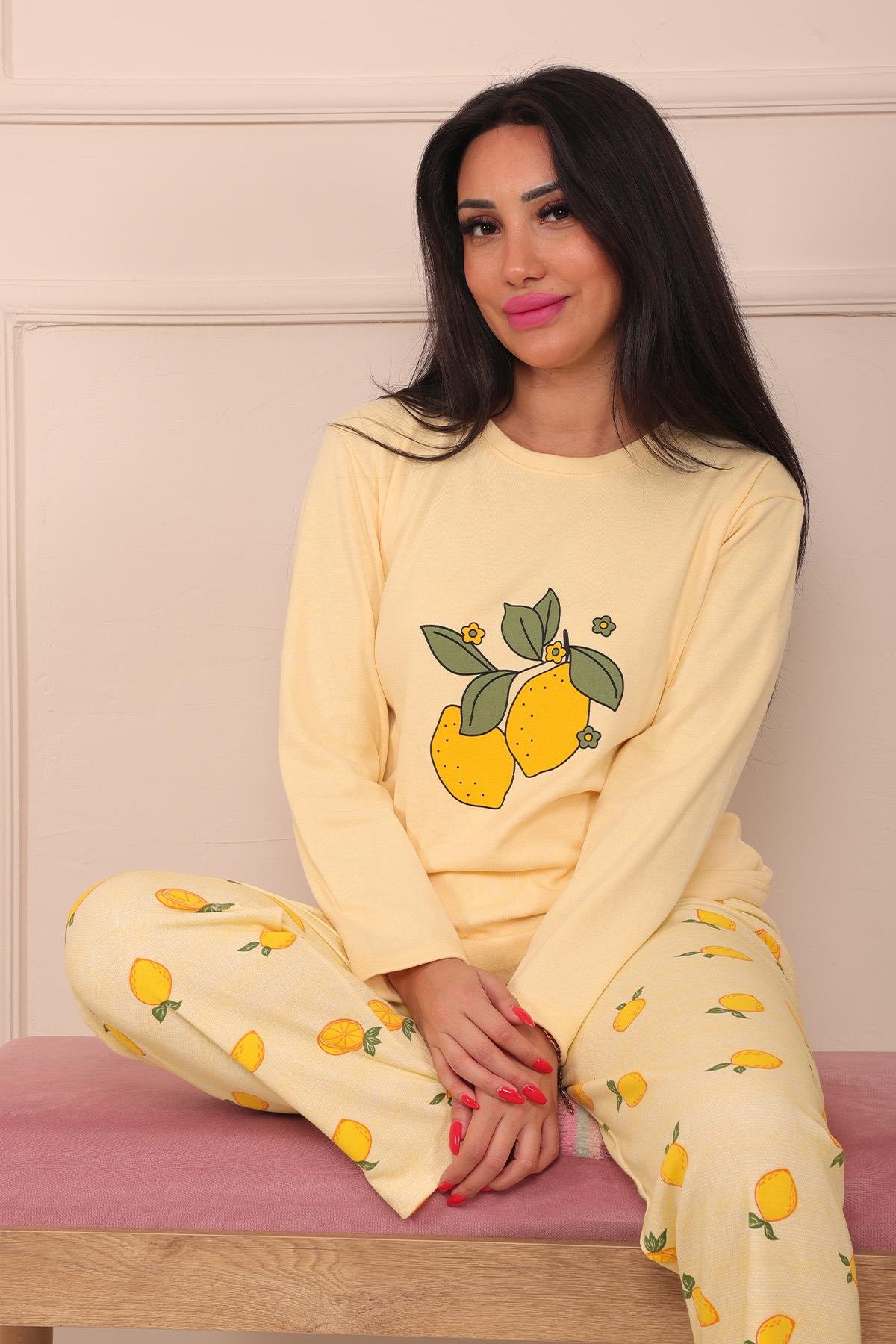 Kadın Lemon Sloganlı Bisiklet Yaka Uzun Kol Altı Uzun Penye Pijama Takımı