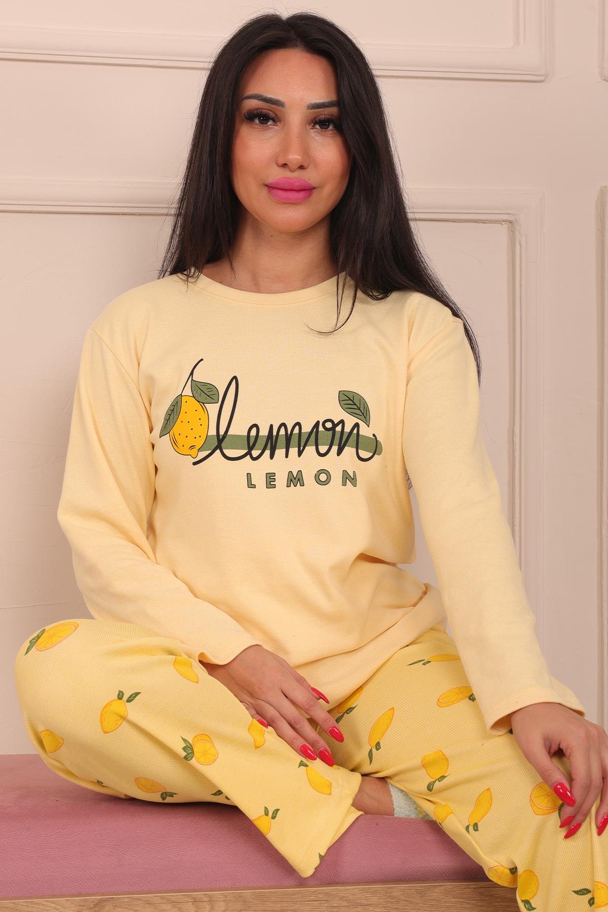 Kadın Lemon Sloganlı Bisiklet Yaka Uzun Kol Altı Uzun Penye Pijama Takımı