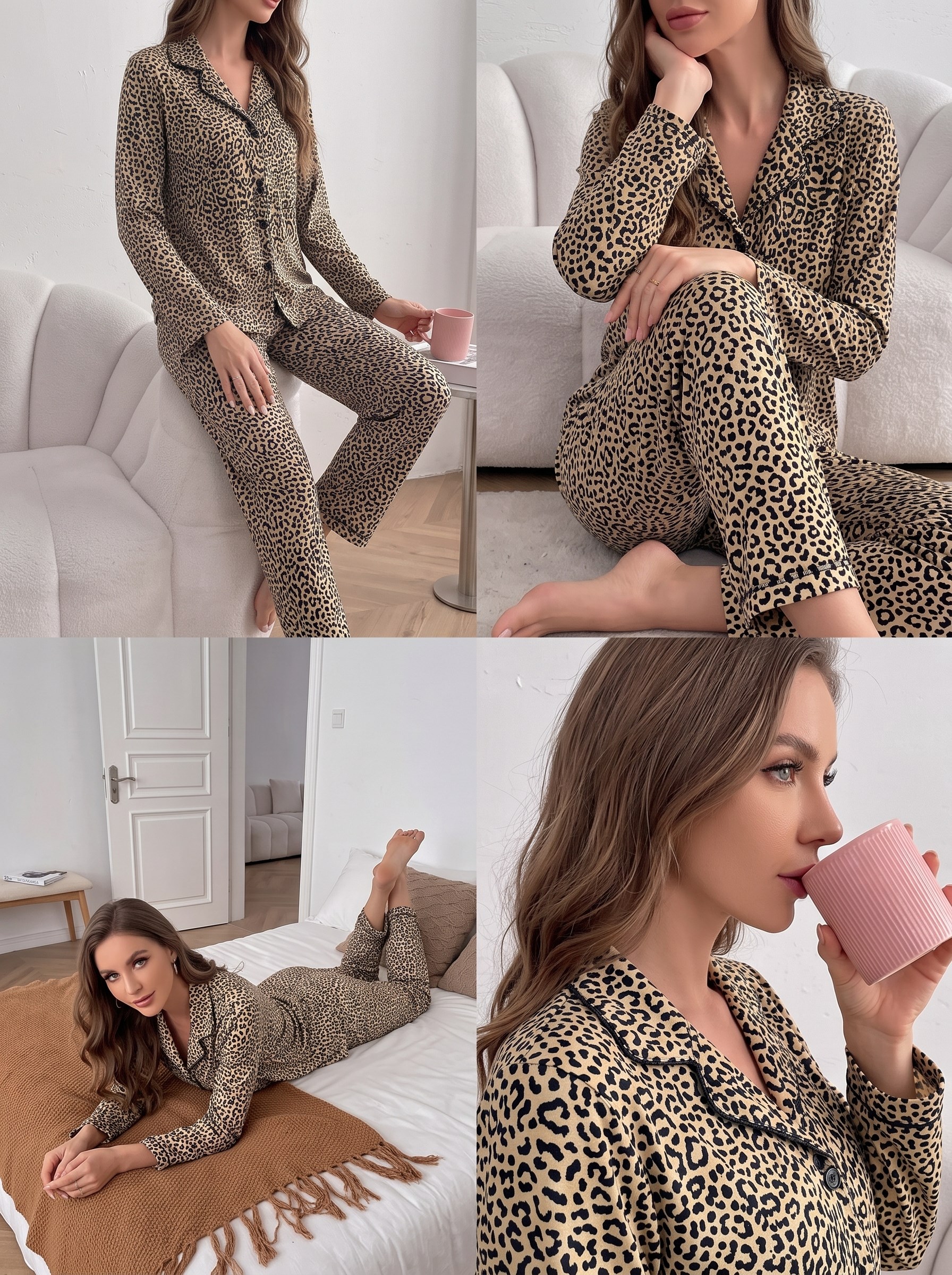 Kadın Leopar Desenli Önü Düğmeli Uzun Kol Altı Uzun Süet Pijama Takımı