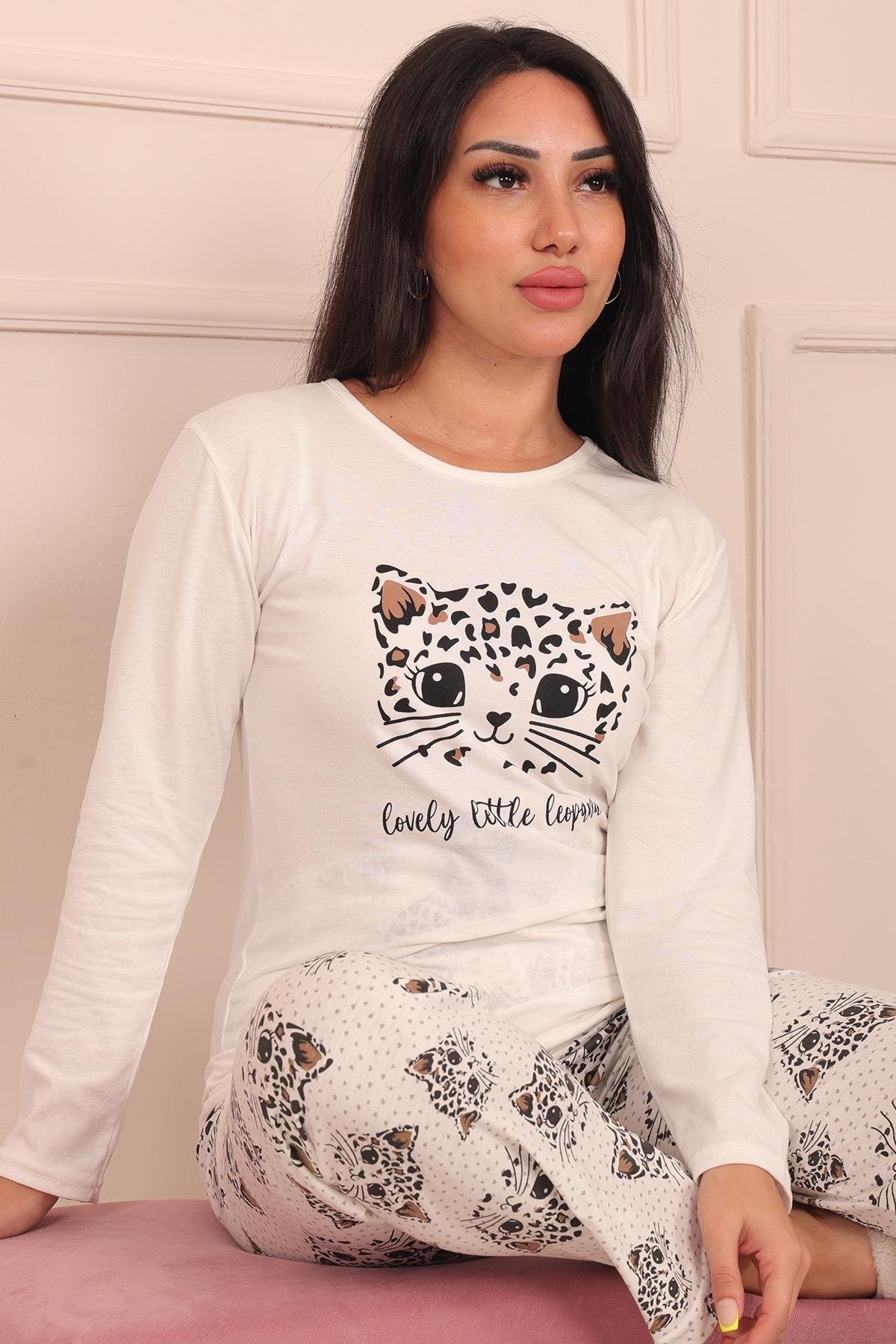 Kadın Leopar Desenli ve Sloganlı  Altı Desenli Bisiklet Yaka Uzun Kol Altı Uzun Penye Pijama Takımı