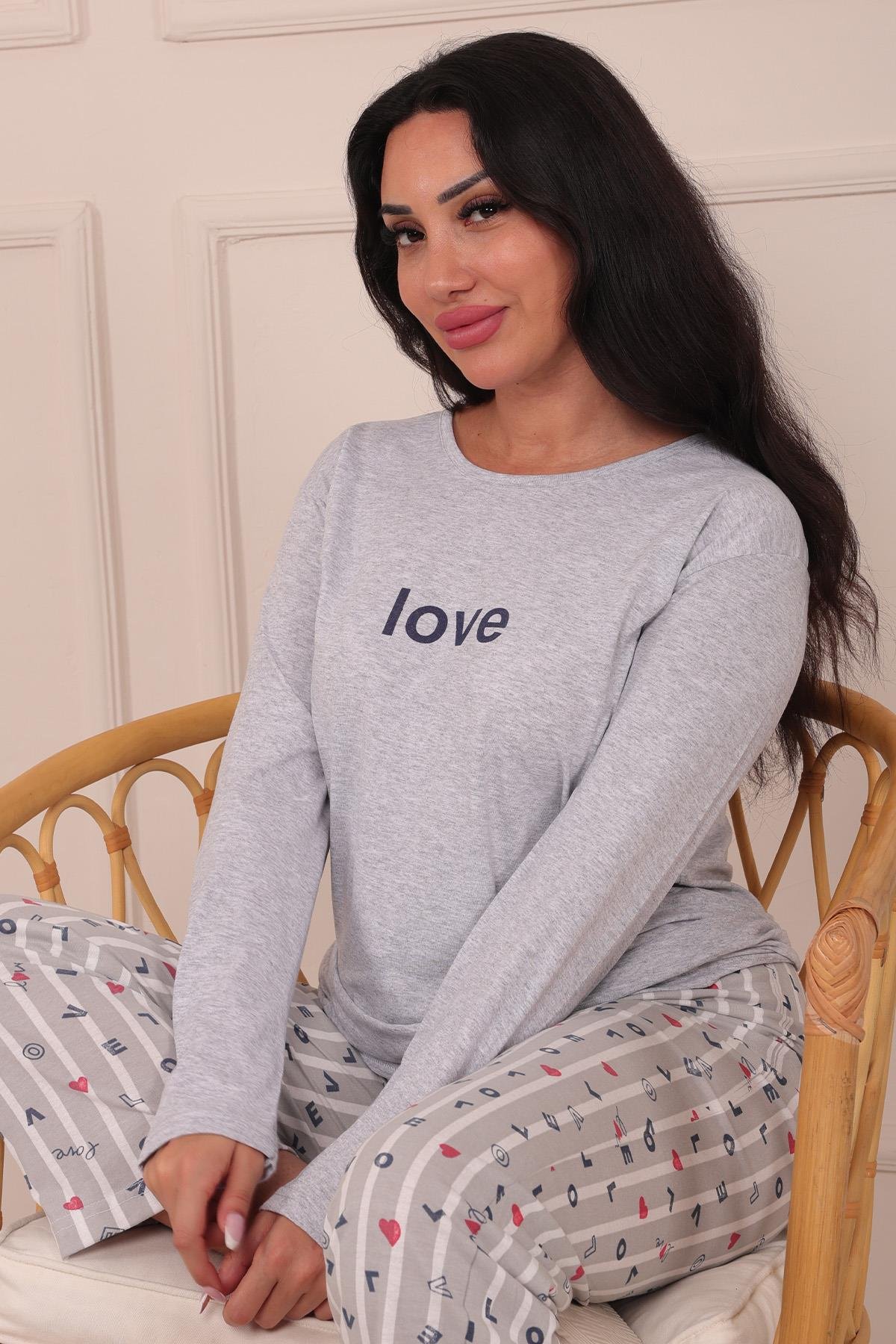 Kadın Love Sloganlı Bisiklet Yaka Uzun Kol Altı Uzun Penye Pijama Takımı