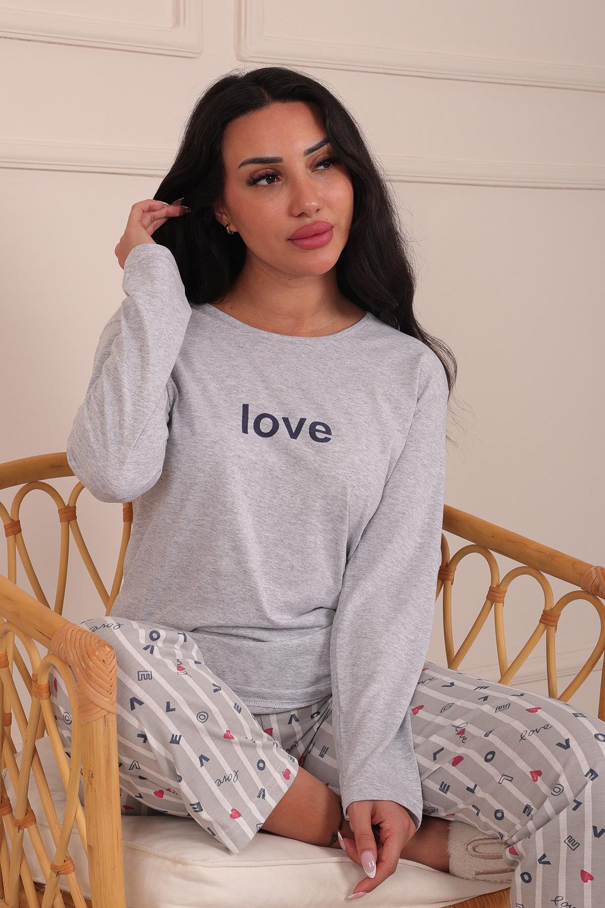 Kadın Love Sloganlı Bisiklet Yaka Uzun Kol Altı Uzun Penye Pijama Takımı