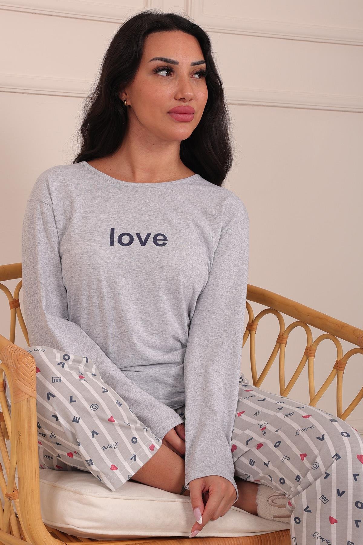 Kadın Love Sloganlı Bisiklet Yaka Uzun Kol Altı Uzun Penye Pijama Takımı