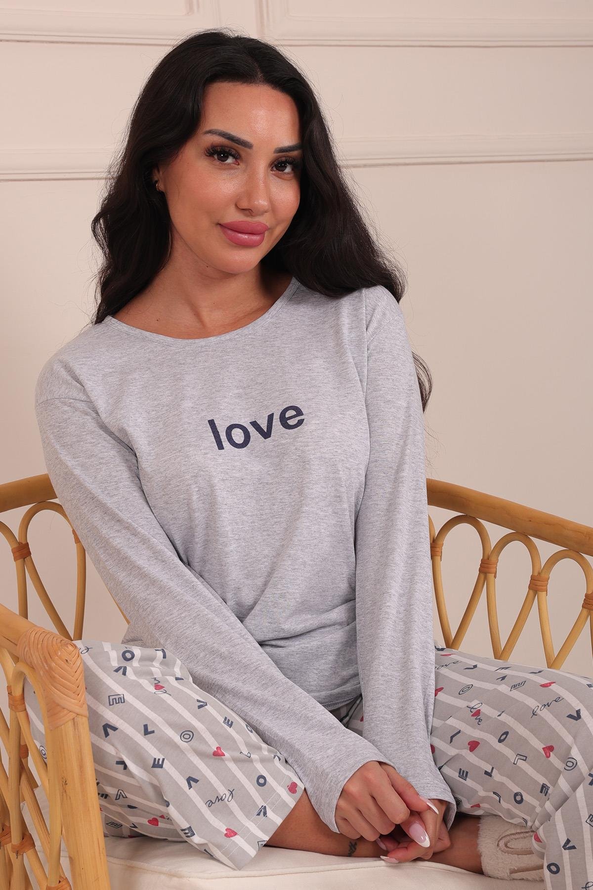 Kadın Love Sloganlı Bisiklet Yaka Uzun Kol Altı Uzun Penye Pijama Takımı
