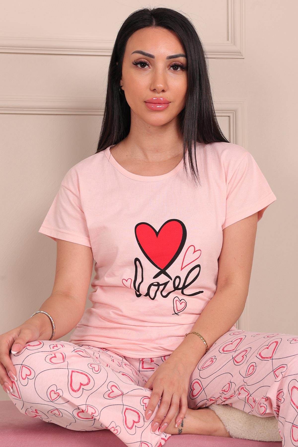 Kadın Love Sloganlı Kısa Kol Penye Pijama Takımı Pembe