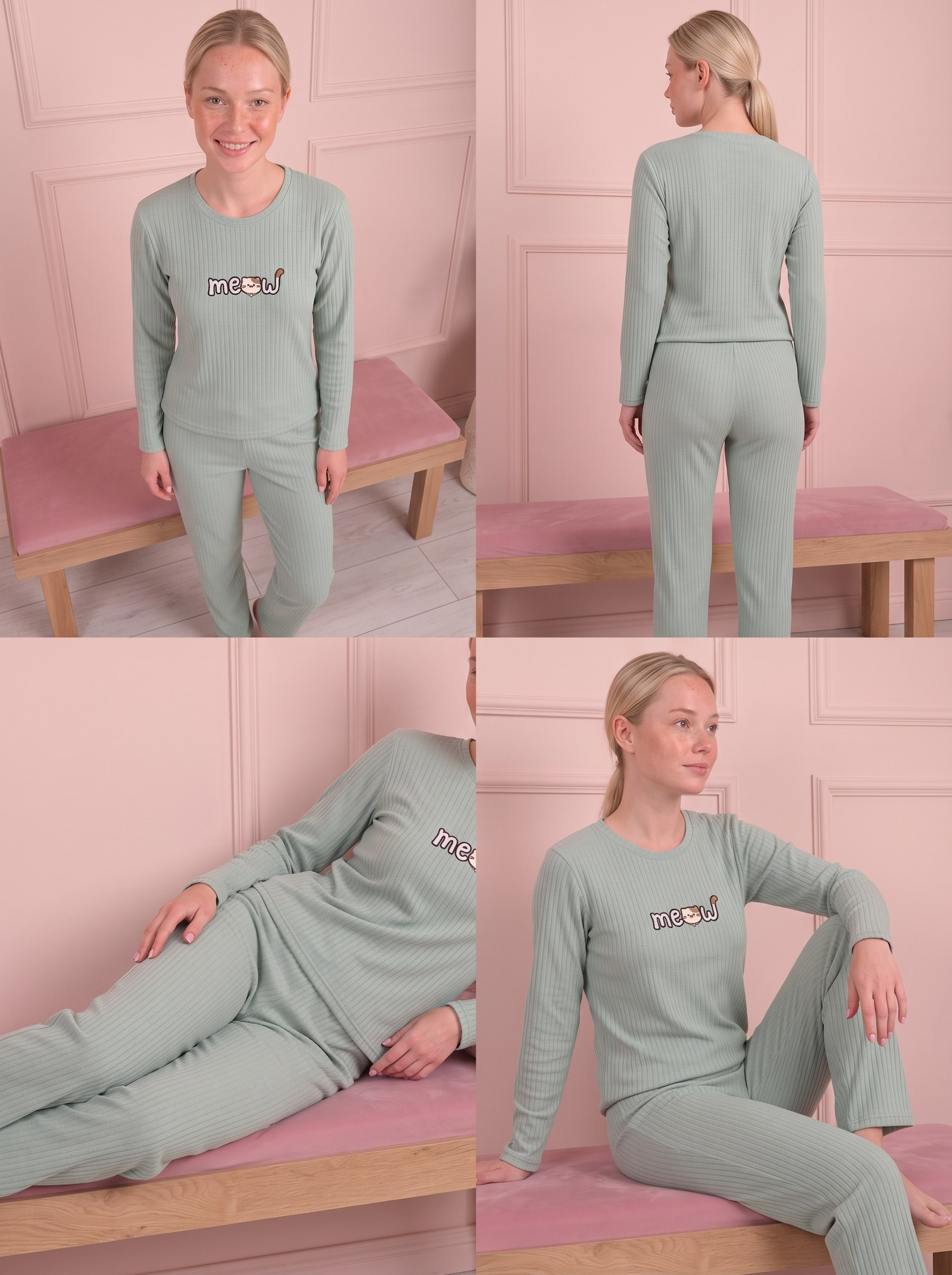 Kadın Meow İşlemeli Bisiklet Yaka Uzun Kol Altı Uzun Pamuklu Fitilli Pijama Takımı