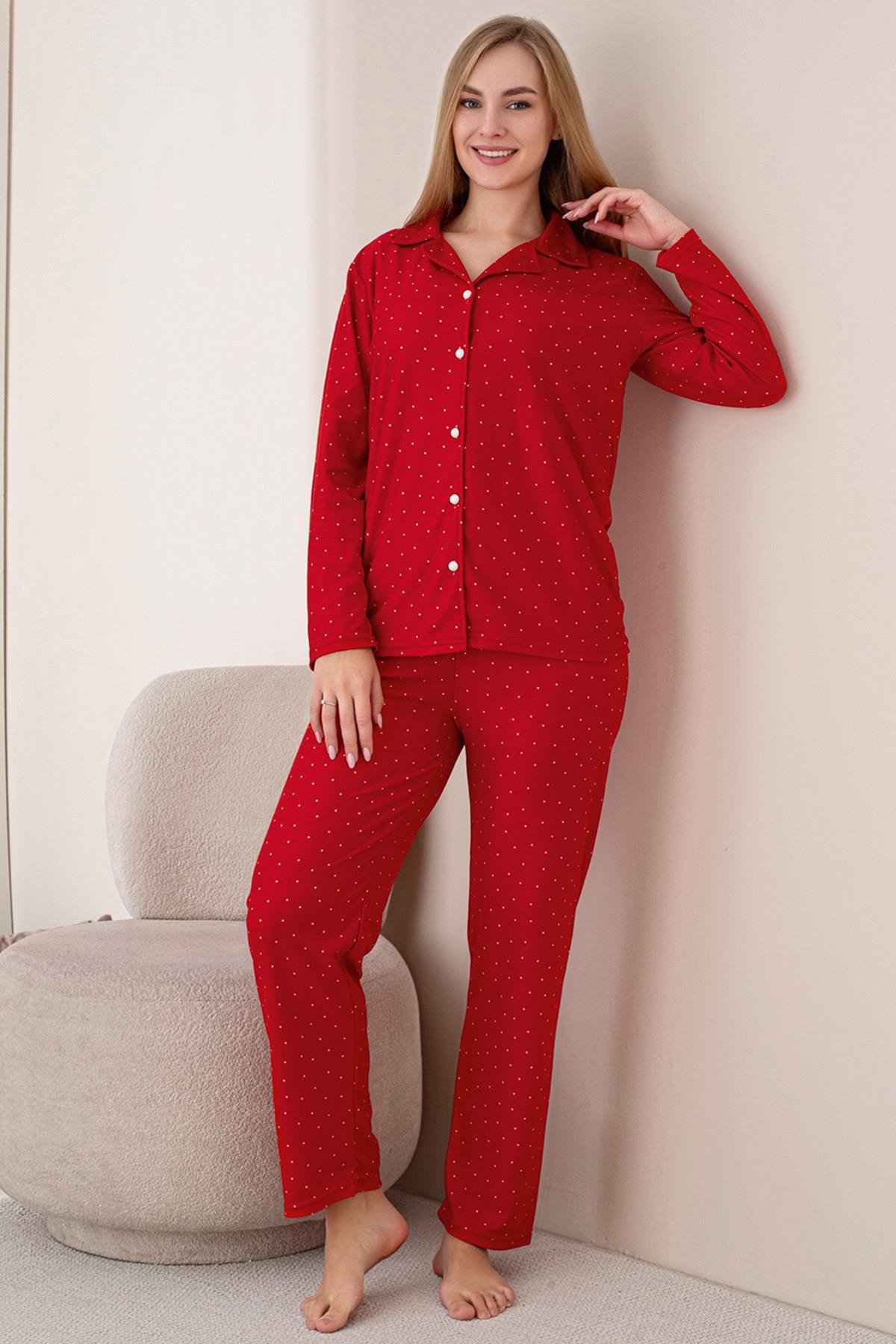 Kadın Minik Puantiye Desenli Önü Düğmeli Uzun Kol Altı Uzun Süet Pijama Takımı