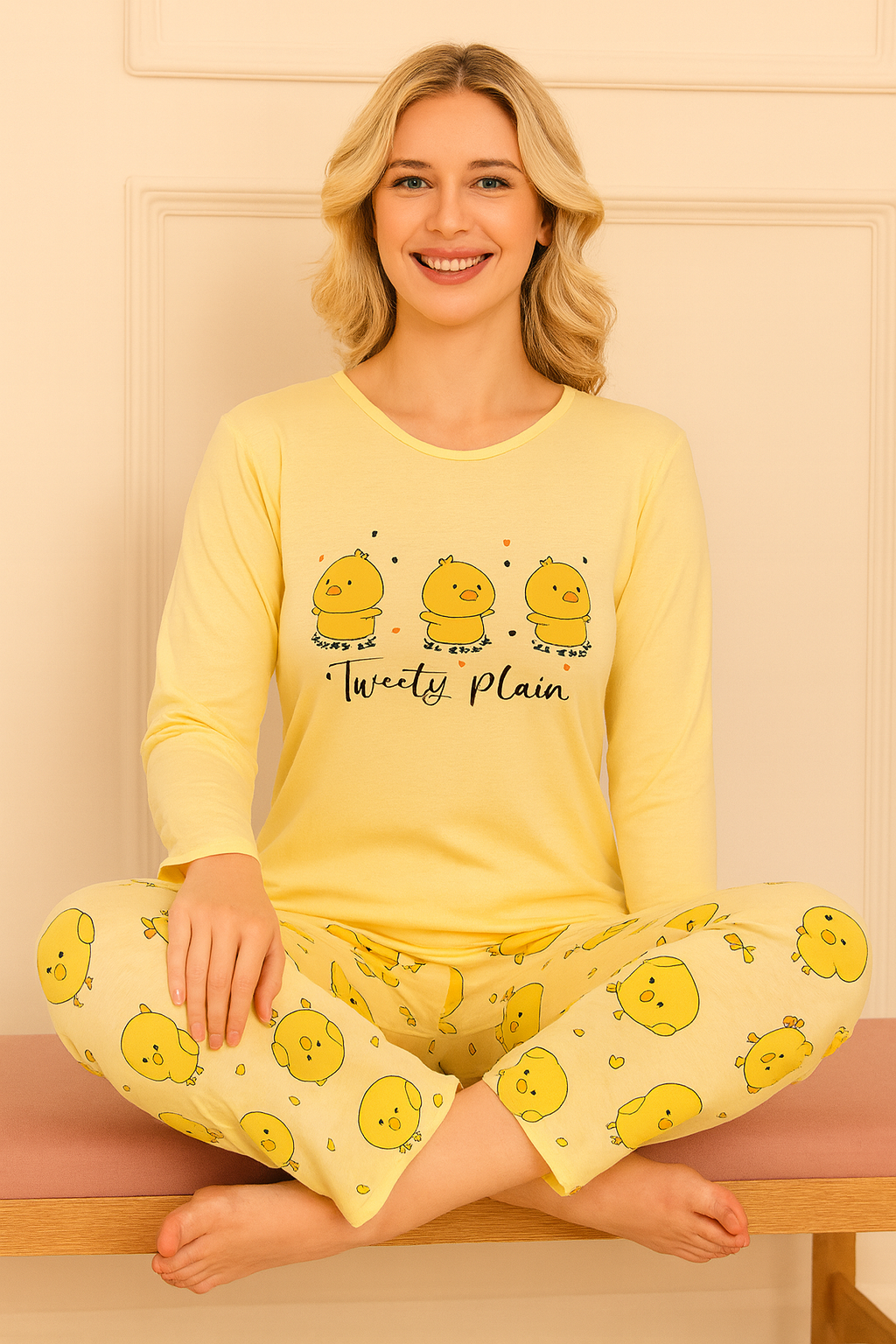 Kadın Ördek Yavursu Desenli Bisiklet Yaka Uzun Kol Altı Uzun Penye Pijama Takımı