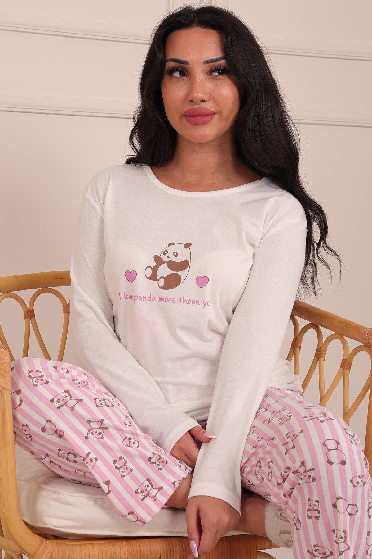 Kadın Panda Desenli ve Sloganlı Bisiklet Yaka Uzun Kol Altı Uzun Penye Pijama Takımı