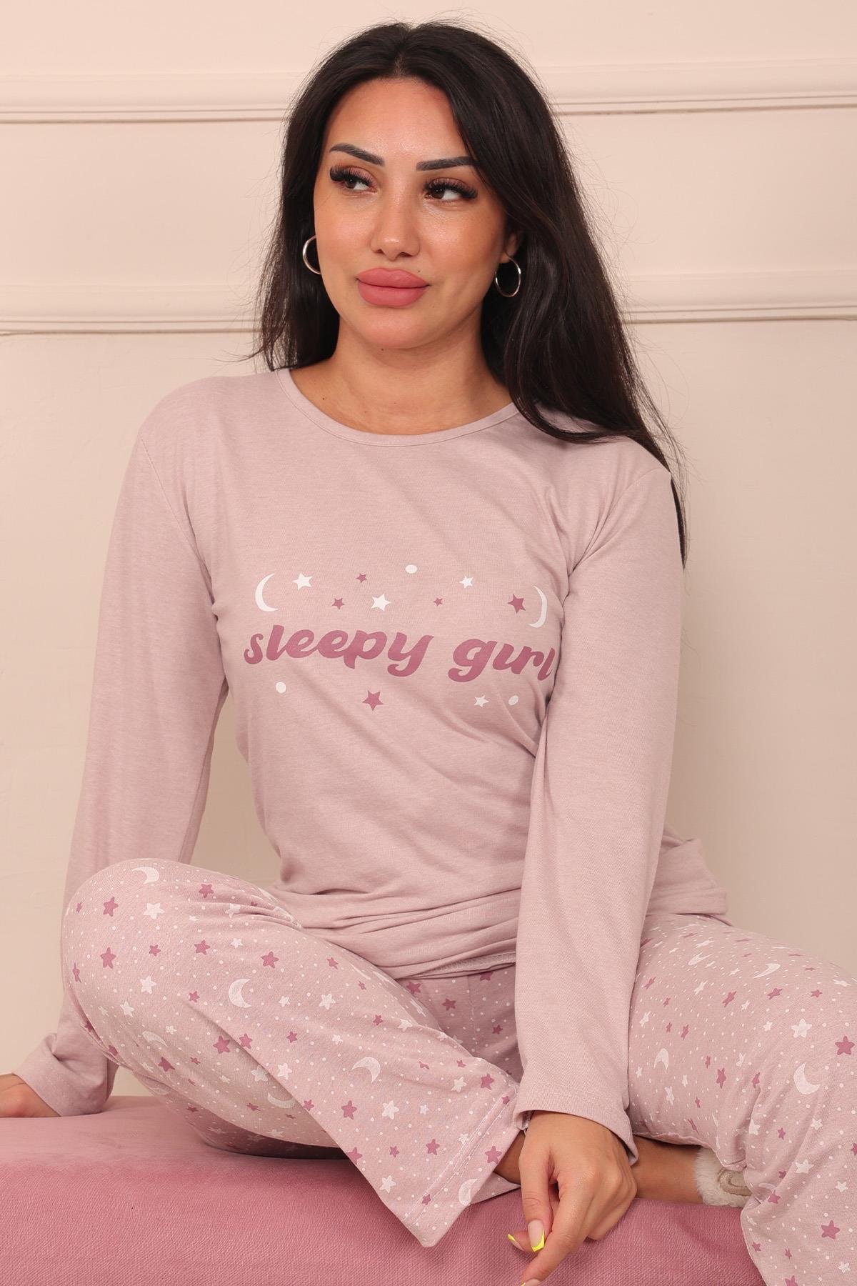 Kadın Sleepy Girl Sloganlı Bisiklet Yaka Uzun Kol Altı Uzun Penye Pijama Takımı