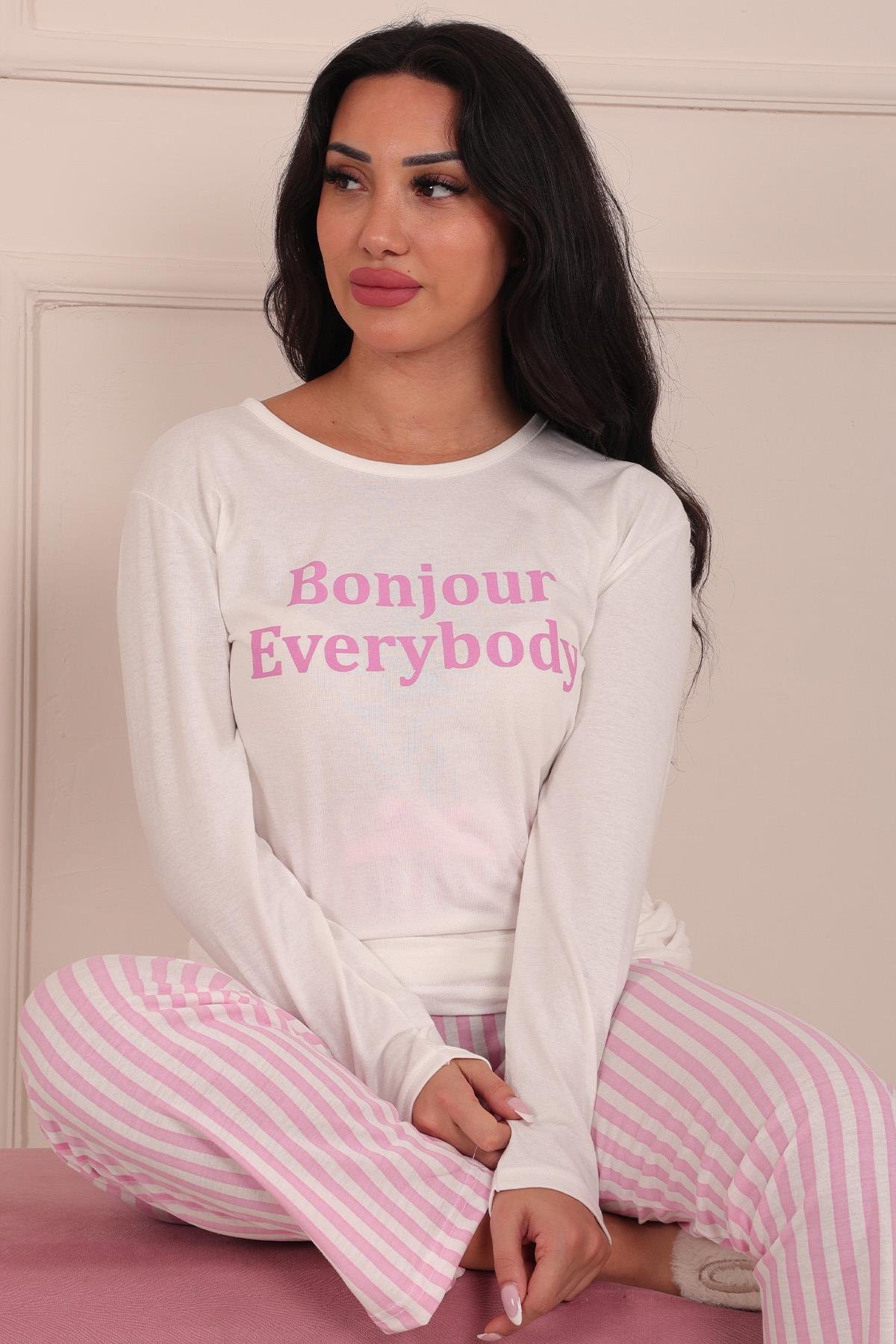 Kadın Sloganlı Bisiklet Yaka Uzun Kol Altı Uzun Penye Pijama Takımı