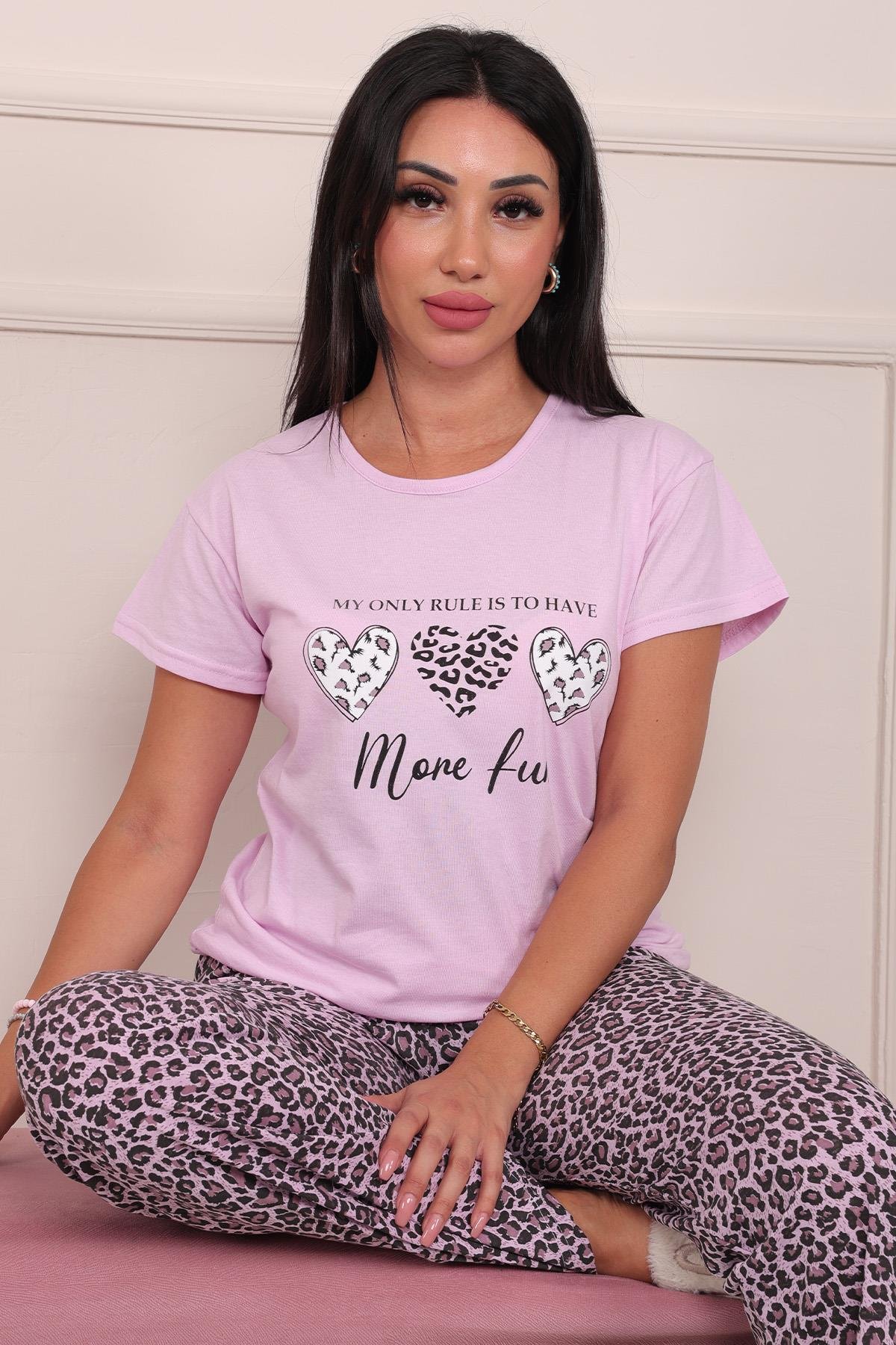 Kadın Sloganlı Leopar Desenli Kısa Kol Altı Uzun Penye Pijama Takımı Lila