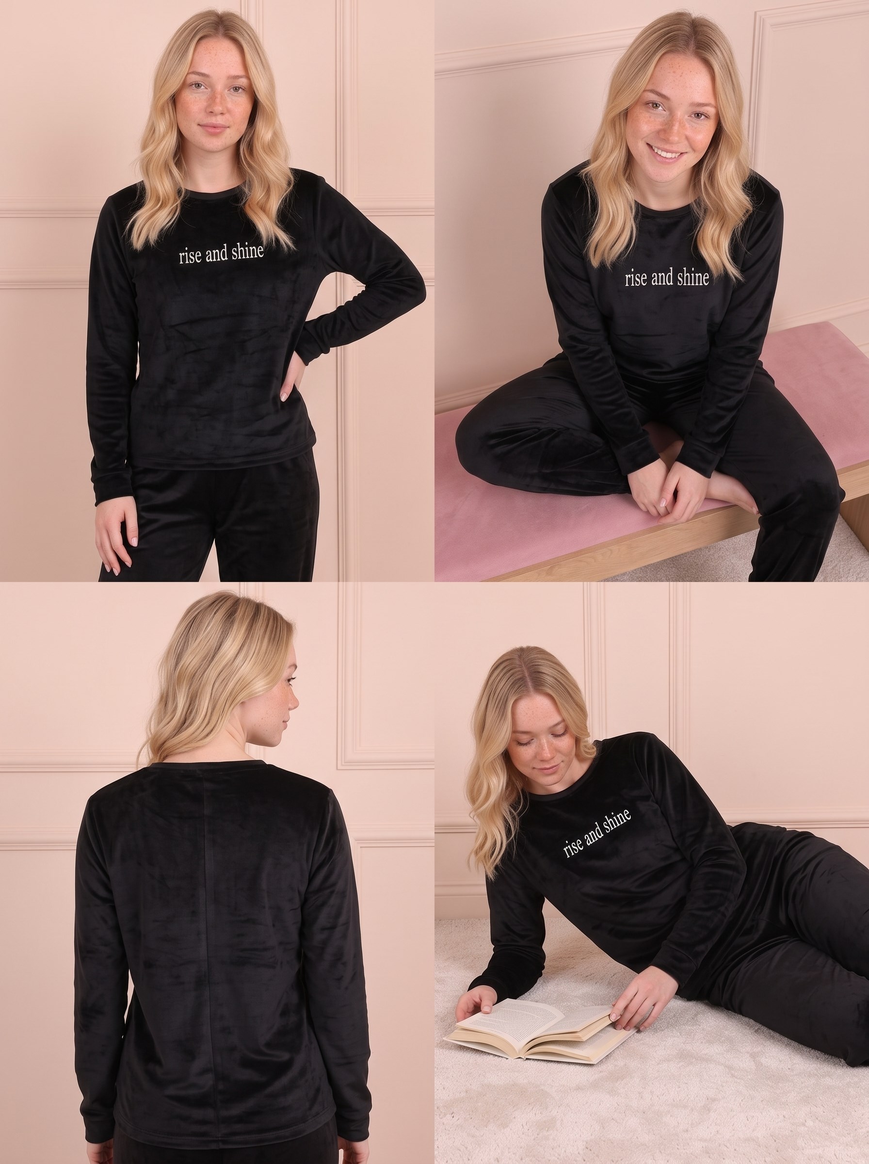 Kadın Sloganlı Manşetli Uzun Kollu  Kadife Pijama Takımı