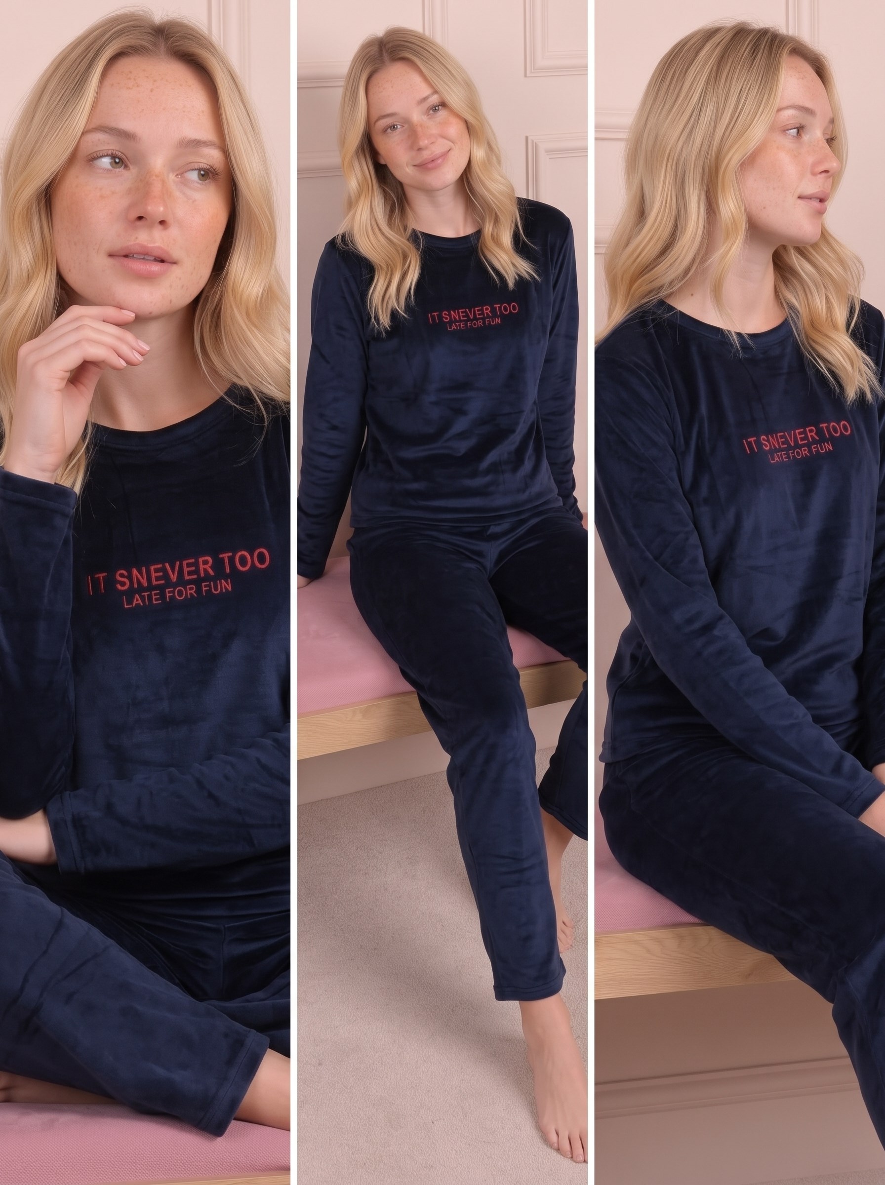 Kadın Sloganlı Uzun Kollu  Kadife Pijama Takımı