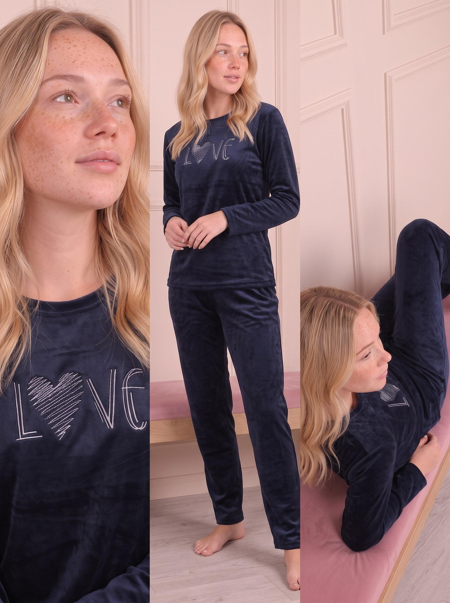 Kadın Sloganlı Uzun Kollu  Kadife Pijama Takımı