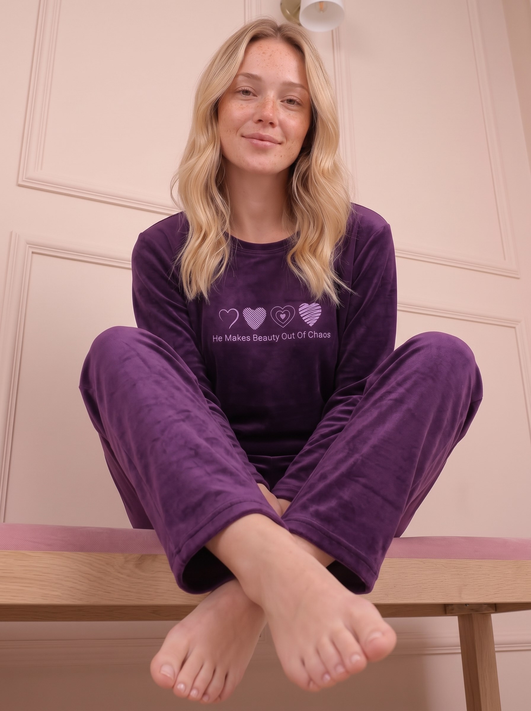 Kadın Sloganlı Uzun Kollu  Kadife Pijama Takımı
