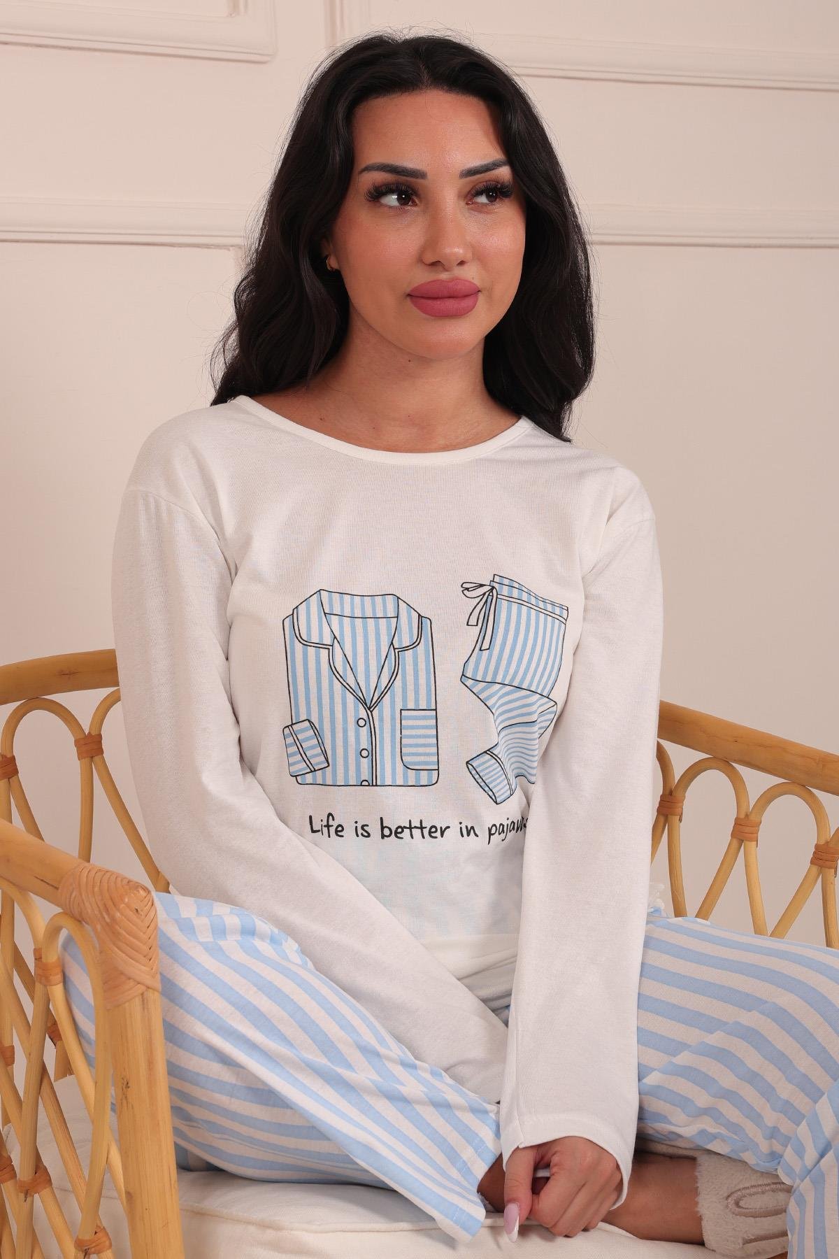 Kadın Sloganlı ve Pijama Desenli  Bisiklet Yaka Uzun Kol Altı Uzun Penye Pijama Takımı