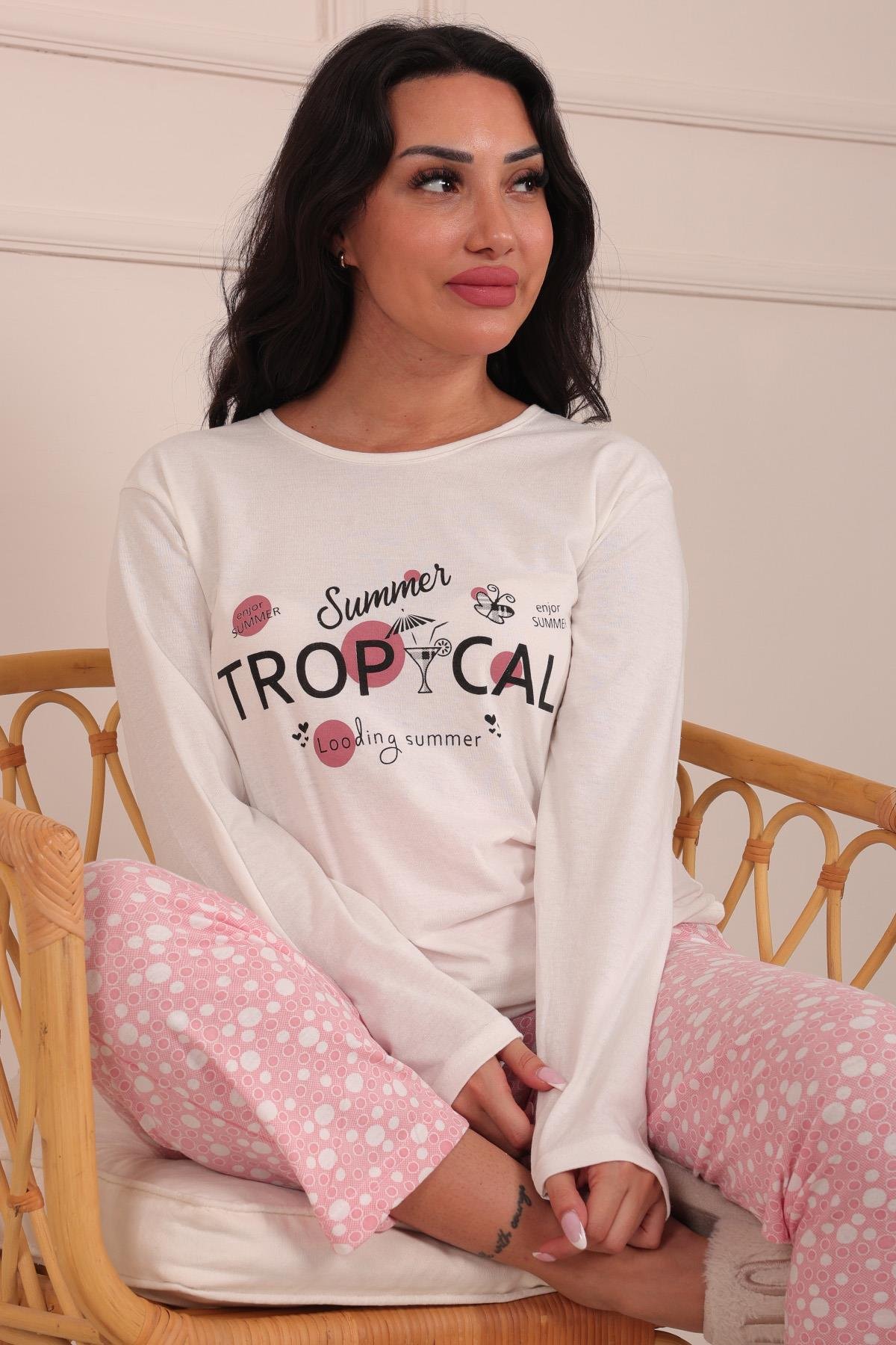 Kadın Tropical Sloganlı Bisiklet Yaka Uzun Kol Altı Uzun Penye Pijama Takımı