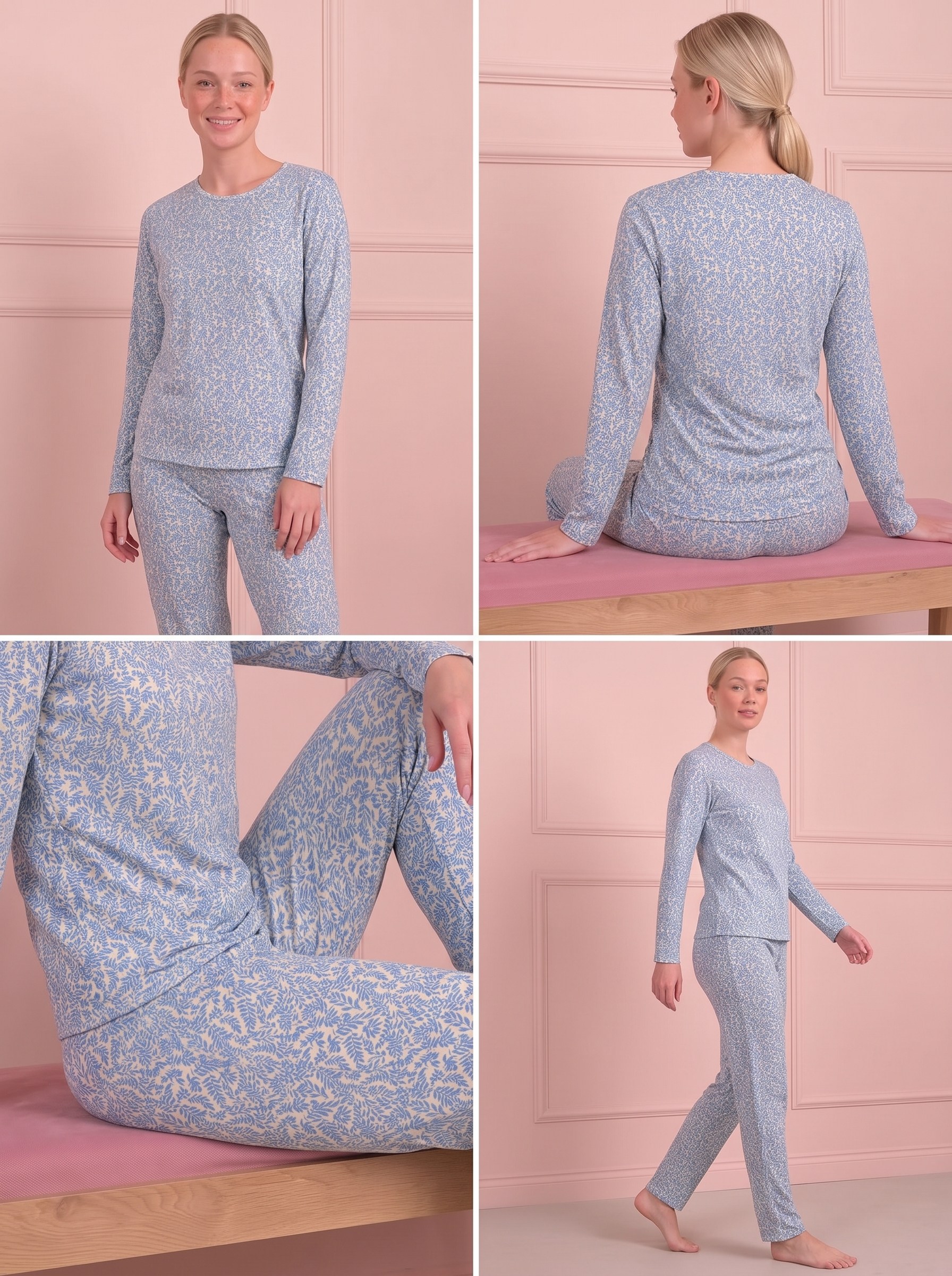 Kadın Yaprak Desenli Bisiklet Yaka Uzun Kol Altı Uzun Penye Pijama Takımı