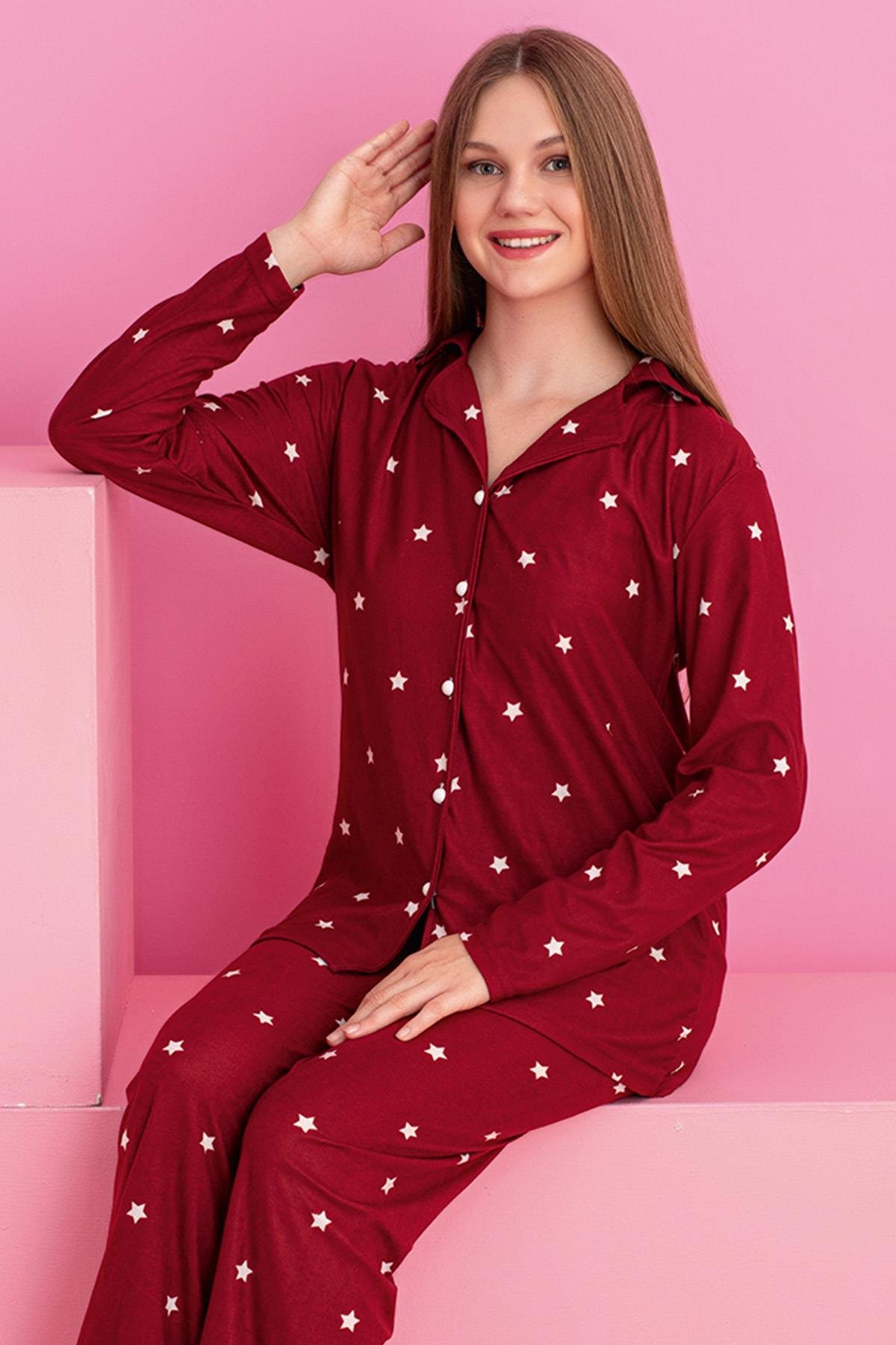 Kadın Yıldız Desenli Önü Düğmeli Uzun Kol Altı Uzun Süet Pijama Takımı
