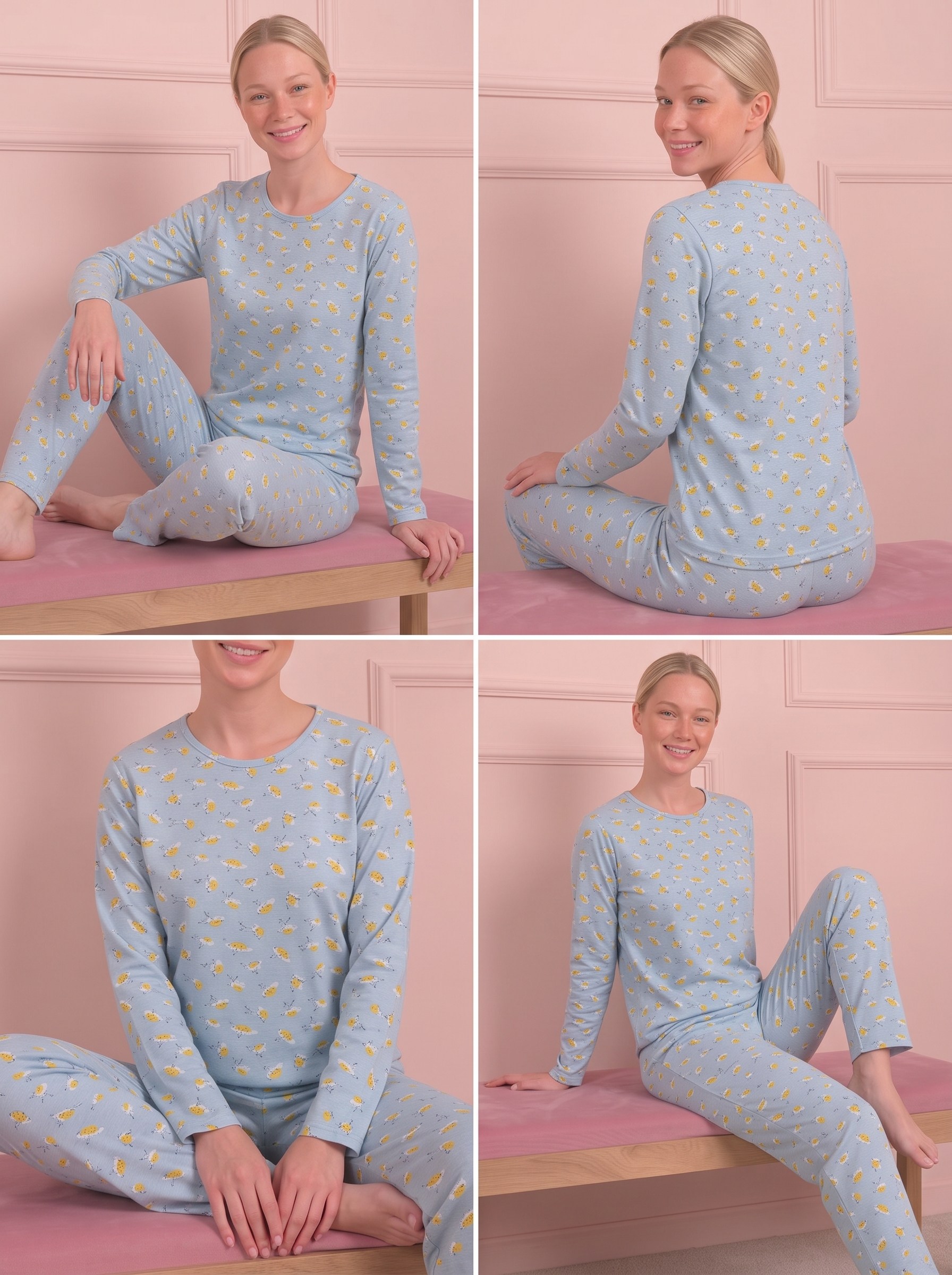 Kadın Yumurta Desenli Bisiklet Yaka Uzun Kol Altı Uzun Penye Pijama Takımı