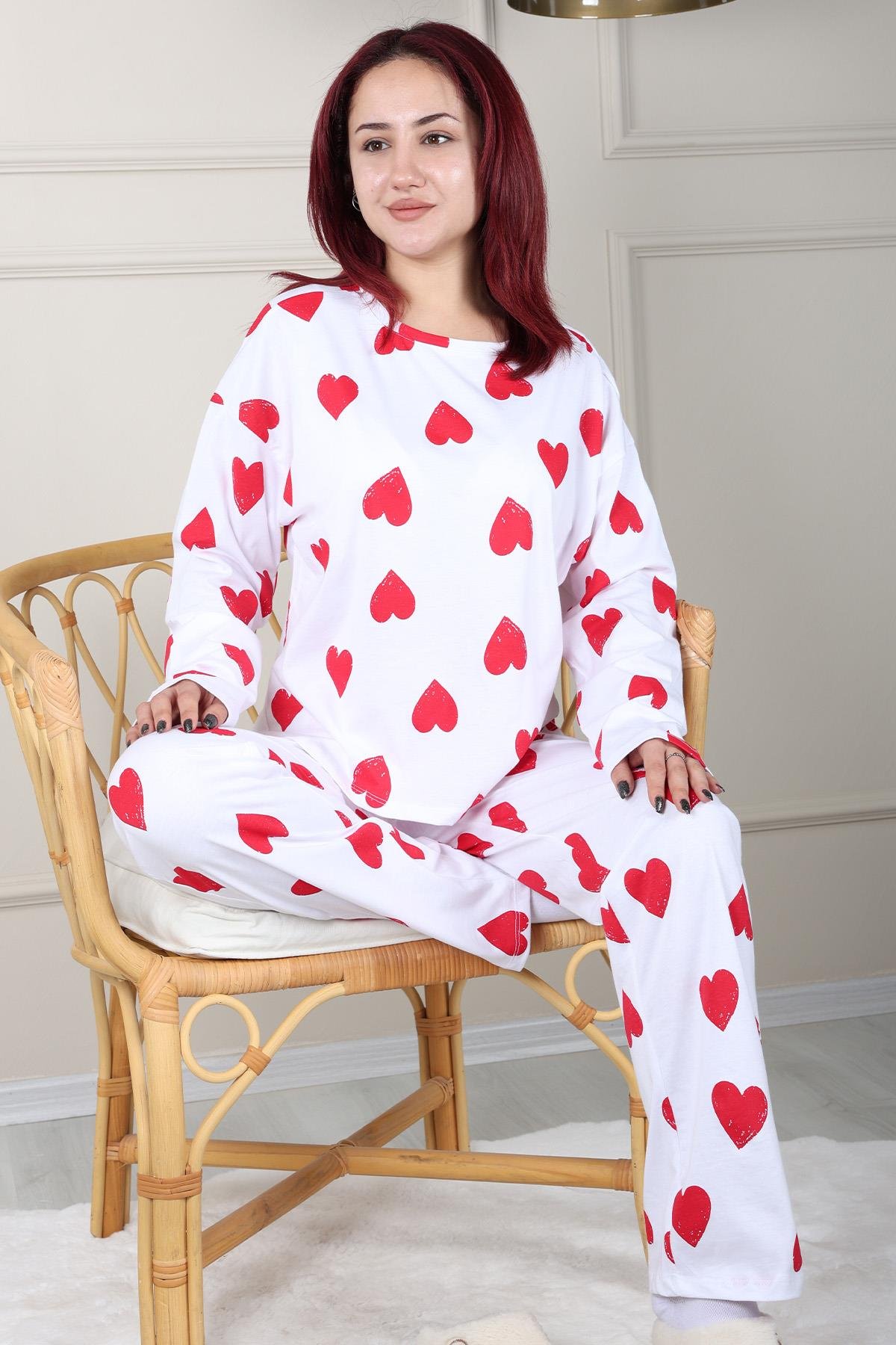 Kalp Desenli Uzun Kol Penye Pijama Takımı BEYAZ