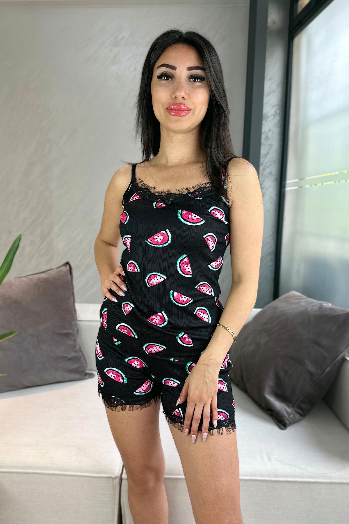Karpuz Desenli İp Askılı Şortlu Pijama Takımı SİYAH
