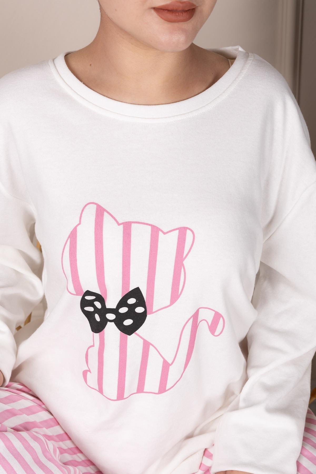Kurdelalı Kedi Desenli Uzun Kol Pijama Takımı BEYAZ