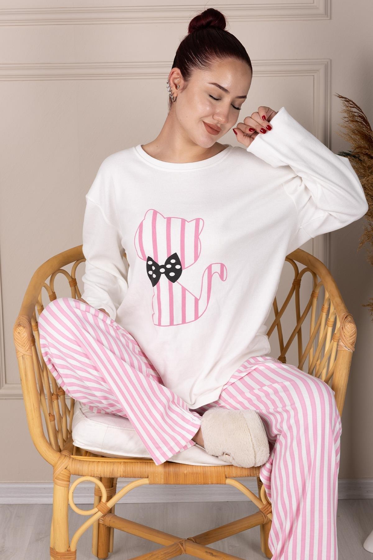 Kurdelalı Kedi Desenli Uzun Kol Pijama Takımı BEYAZ