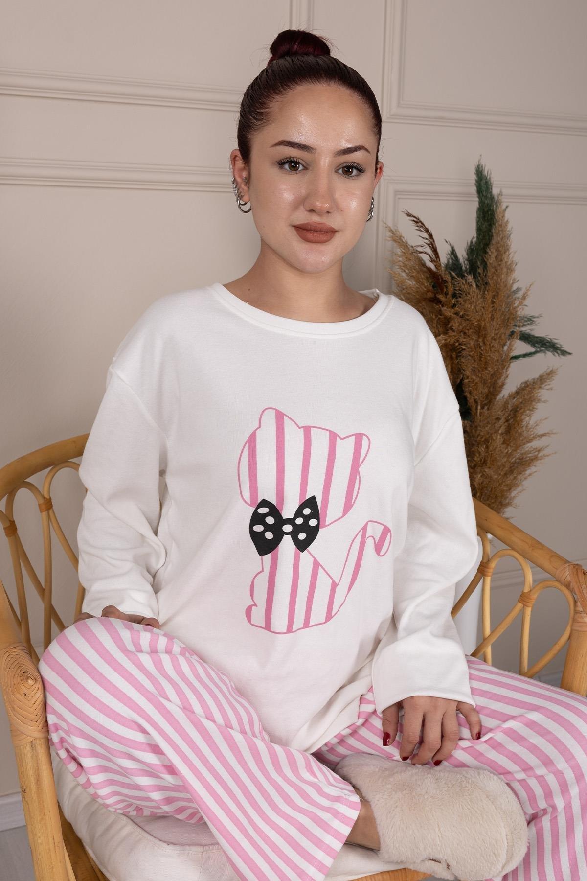 Kurdelalı Kedi Desenli Uzun Kol Pijama Takımı BEYAZ