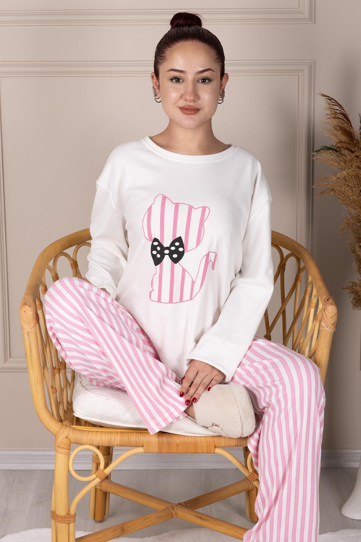 Kurdelalı Kedi Desenli Uzun Kol Pijama Takımı BEYAZ