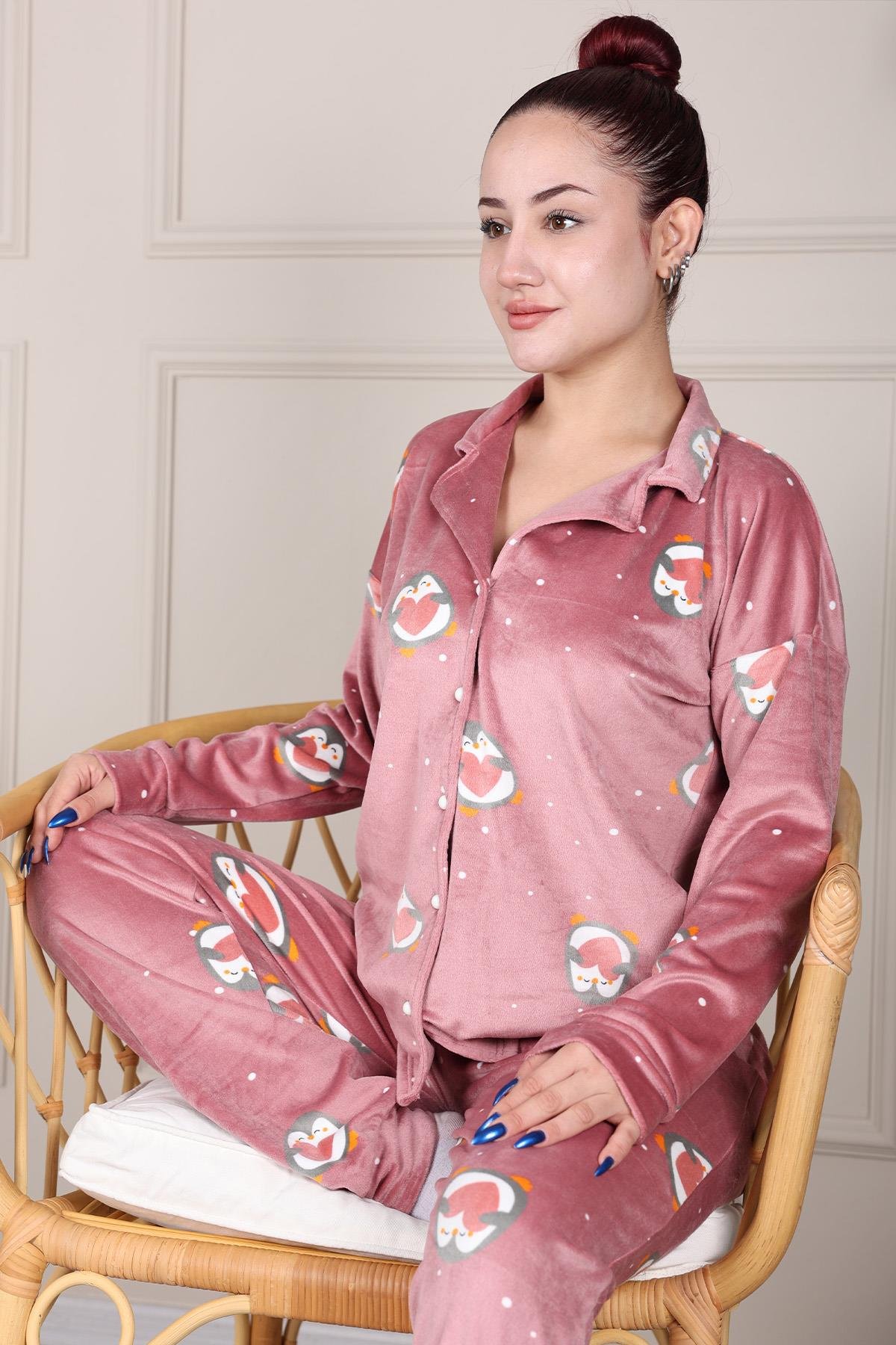Penguen Desenli Önü Düğmeli Kadife Pijama Takımı GÜL KURUSU