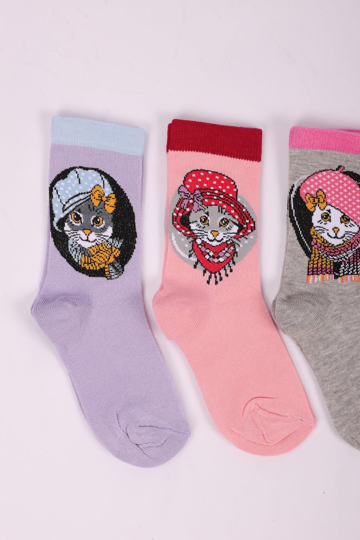 طقم جوارب بناتي منقوش على شكل قطة مكون من 4 قطع ASORTI