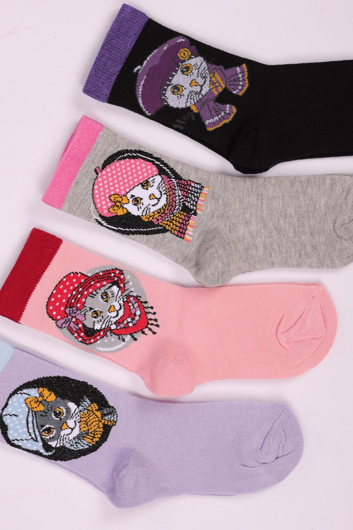 طقم جوارب بناتي منقوش على شكل قطة مكون من 4 قطع ASORTI