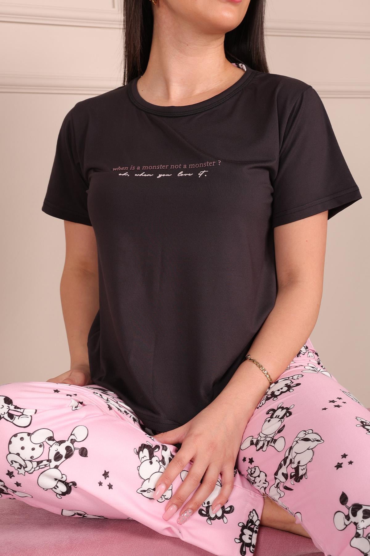 Sloganlı Altı Desenli Kısa Kol Pijama Takımı SİYAH