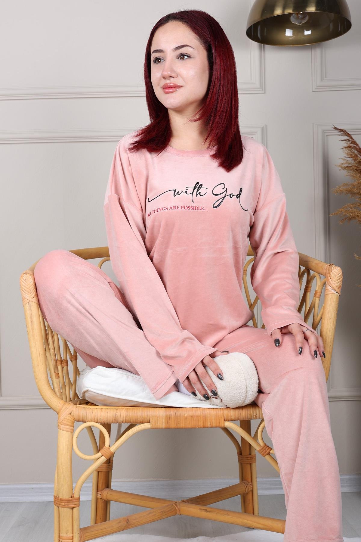 Sloganlı Bisiklet Yaka  Kadife Pijama Takımı SOMON