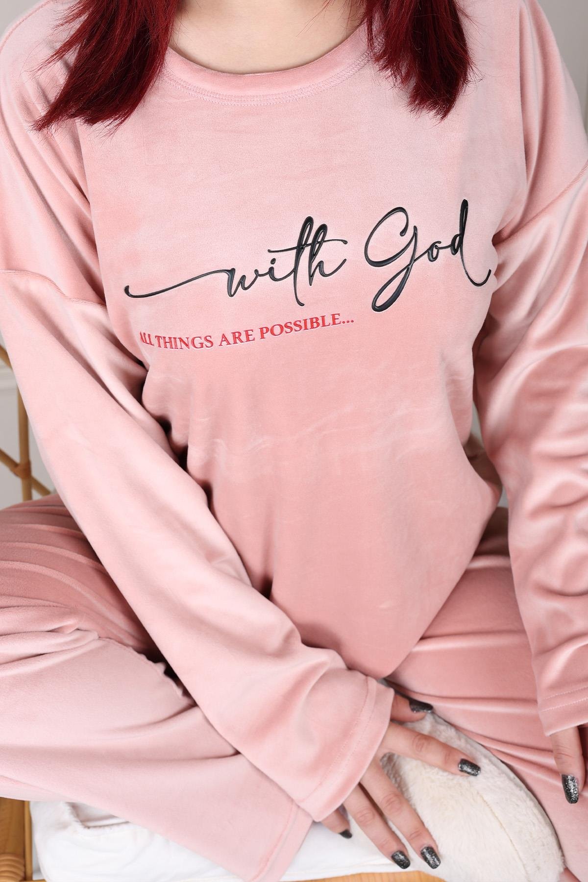 Sloganlı Bisiklet Yaka  Kadife Pijama Takımı SOMON