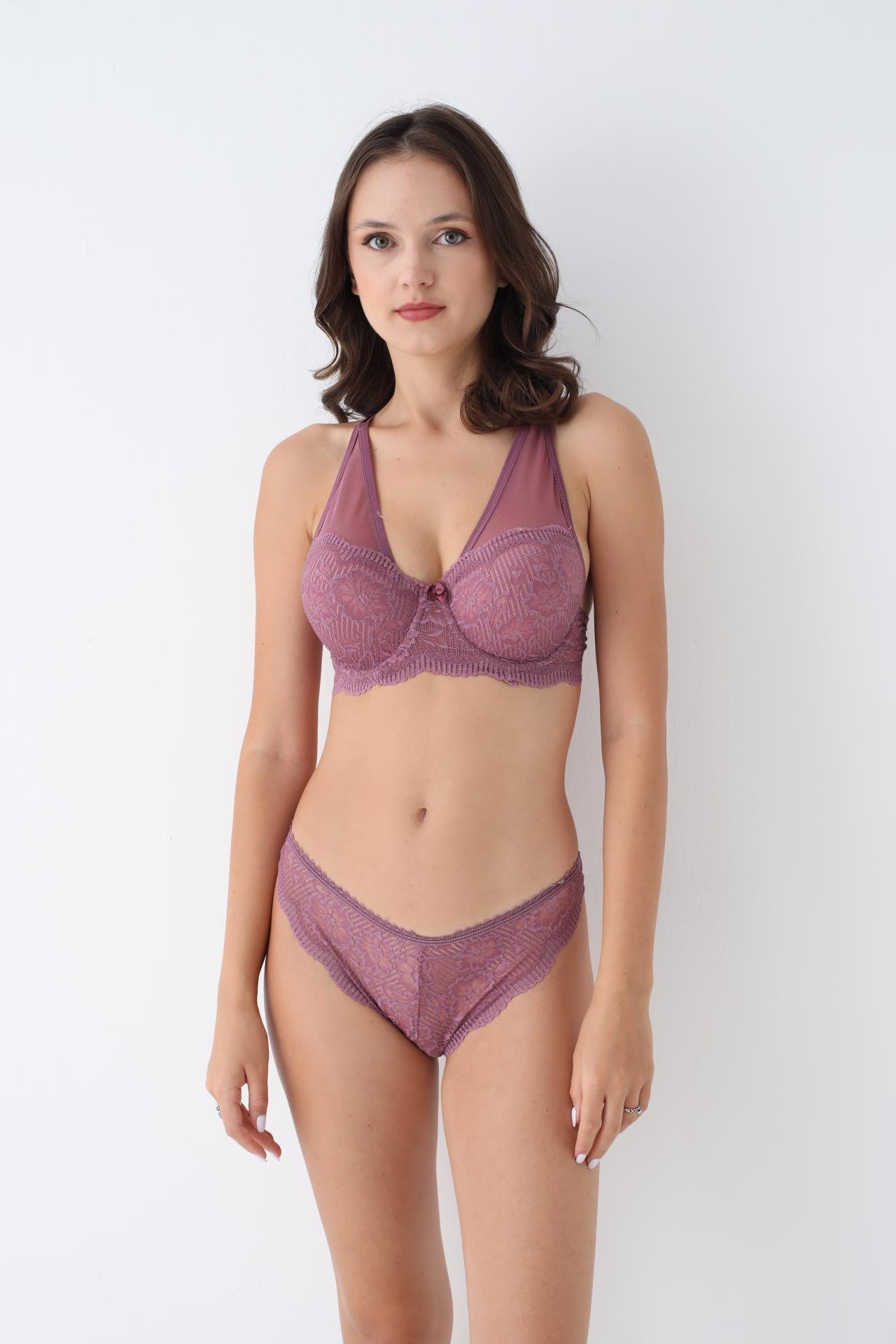 Tül Dantelli Dekolte Sütyen Takım MÜRDÜM