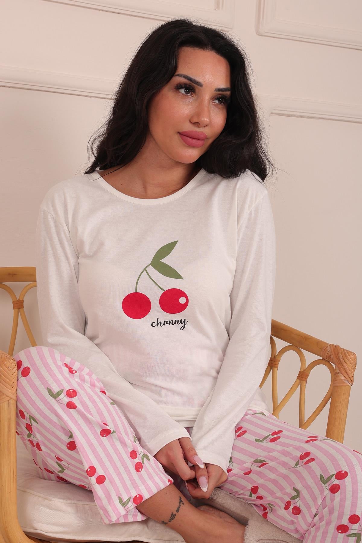 Vişne Baskılı ve Sloganlı Uzun Kollu Pijama Takımı Beyaz