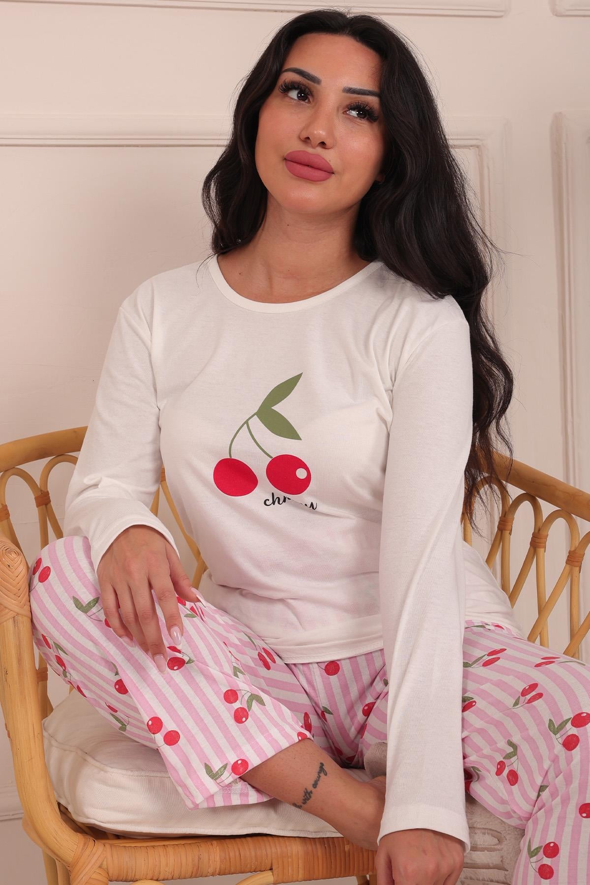 Vişne Baskılı ve Sloganlı Uzun Kollu Pijama Takımı Beyaz