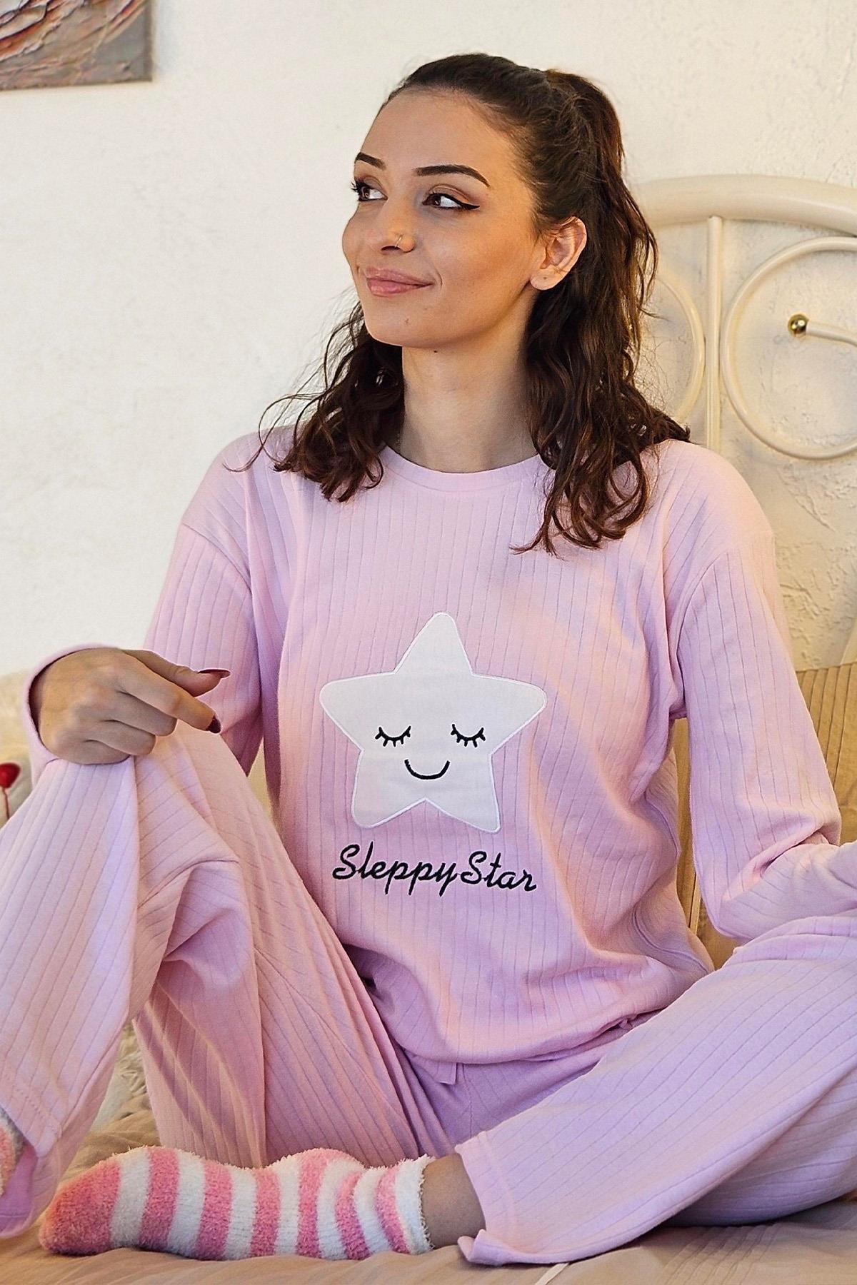 YILDIZ DESENLİ DESENLİ RAPORLU PİJAMA TAKIM LİLA