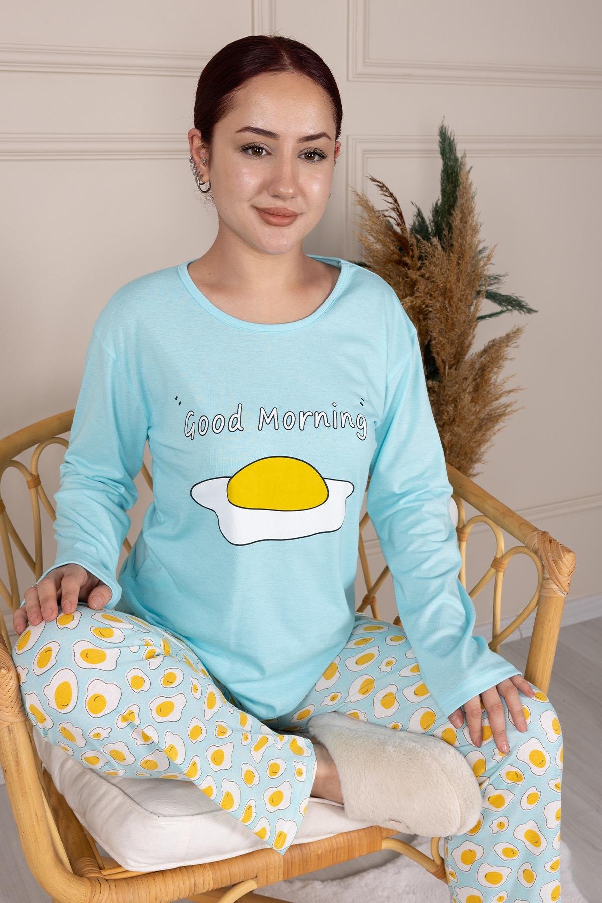 Yumurta Desenli Uzun Kol Penye Pijama Takımı TURKUAZ