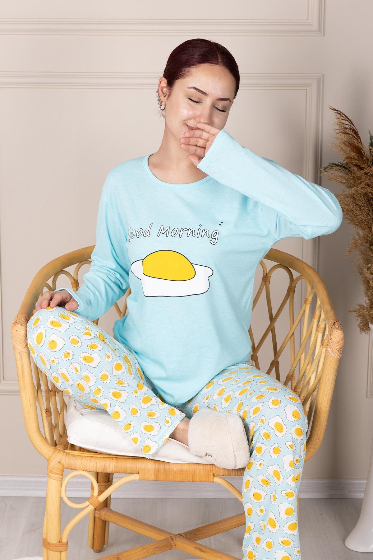 Yumurta Desenli Uzun Kol Penye Pijama Takımı TURKUAZ