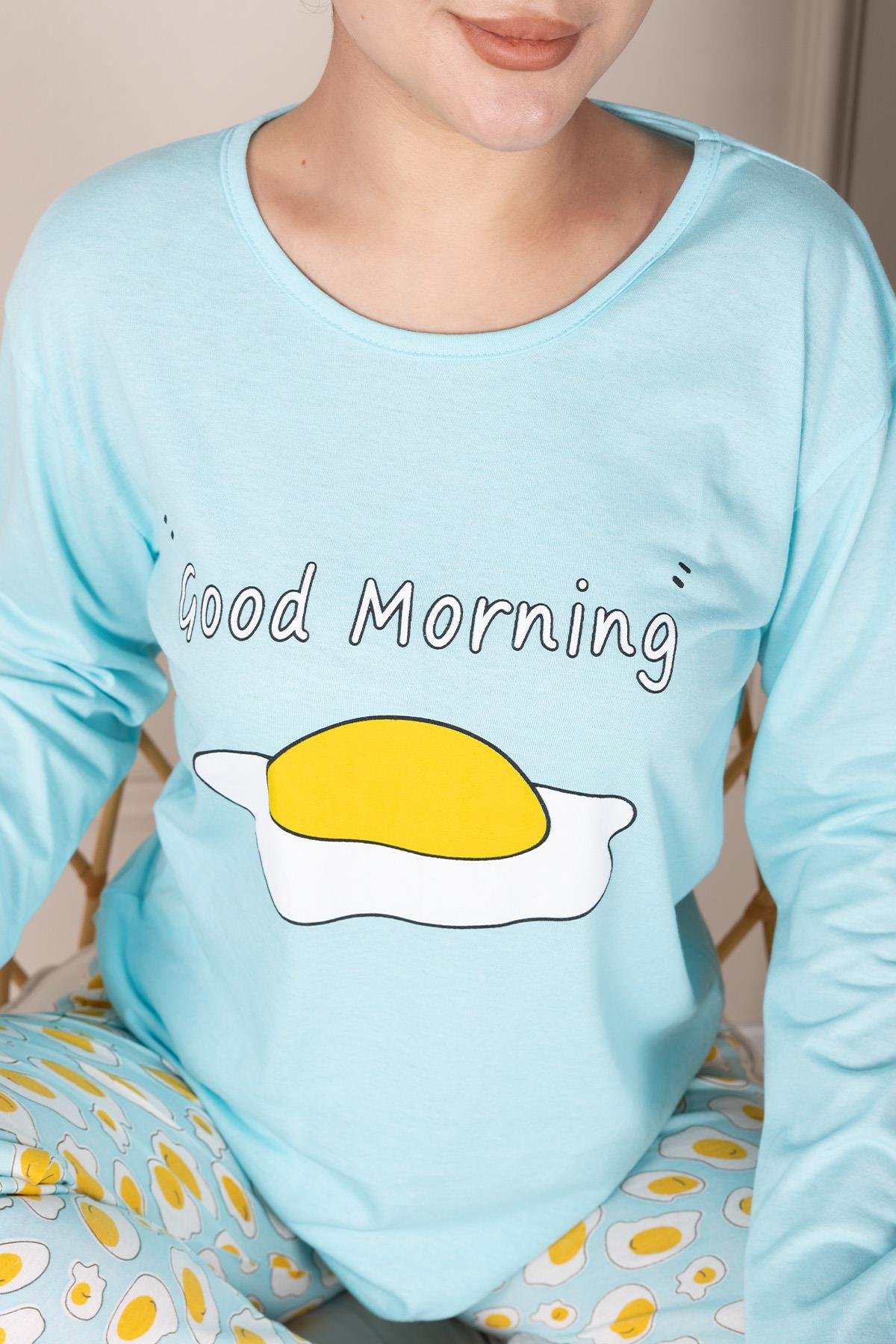 Yumurta Desenli Uzun Kol Penye Pijama Takımı TURKUAZ