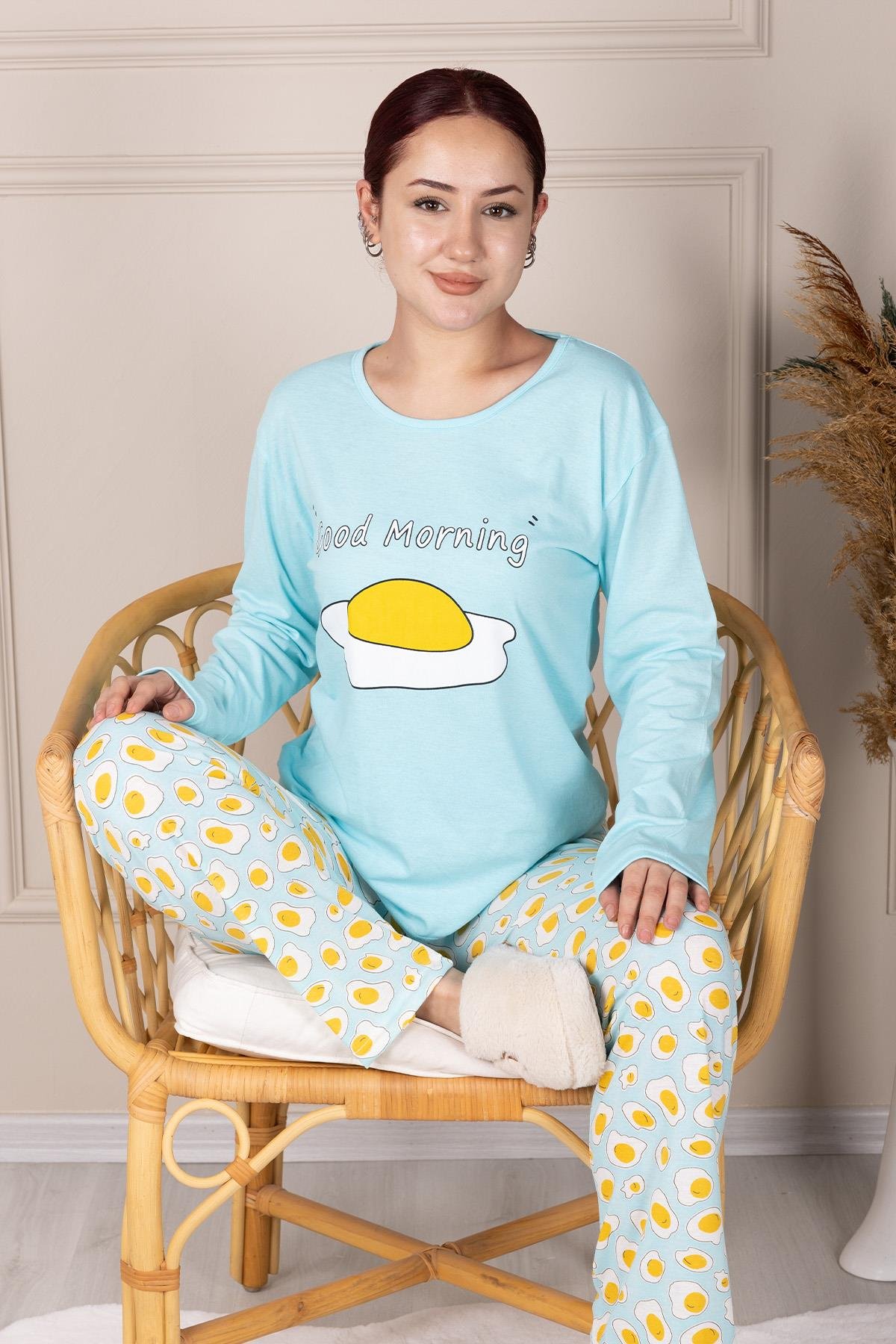 Yumurta Desenli Uzun Kol Penye Pijama Takımı TURKUAZ