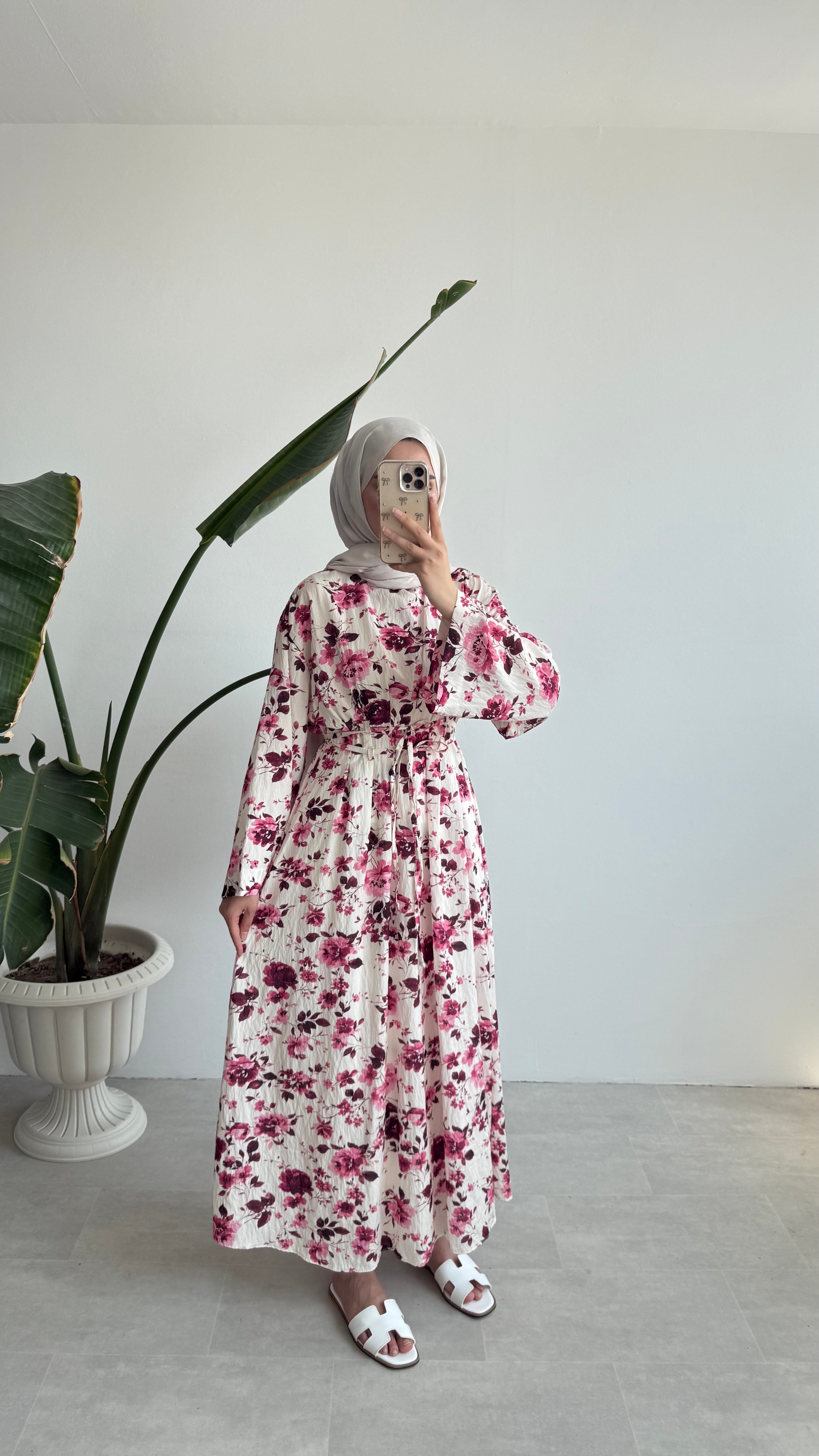 ÇİÇEK DESENLİ UZUN ELBİSE - PEMBE