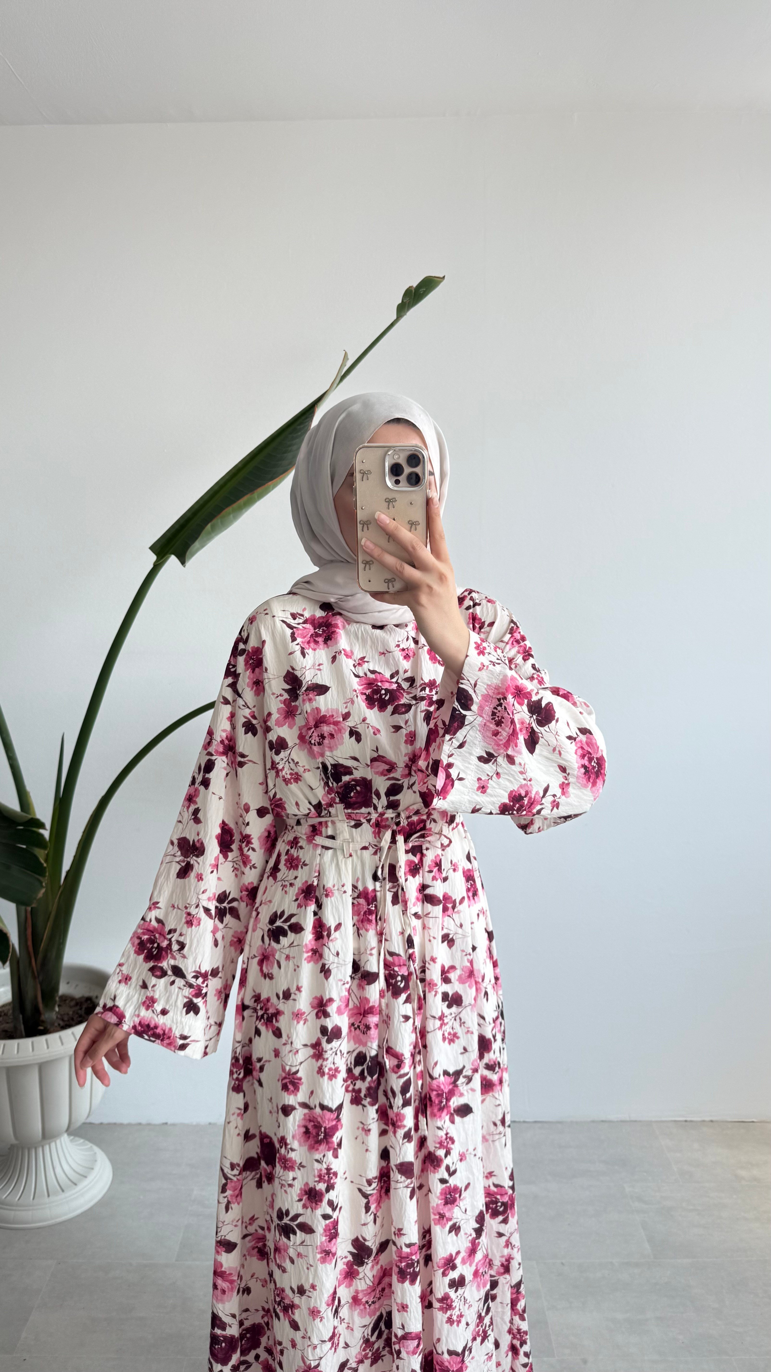 ÇİÇEK DESENLİ UZUN ELBİSE - PEMBE