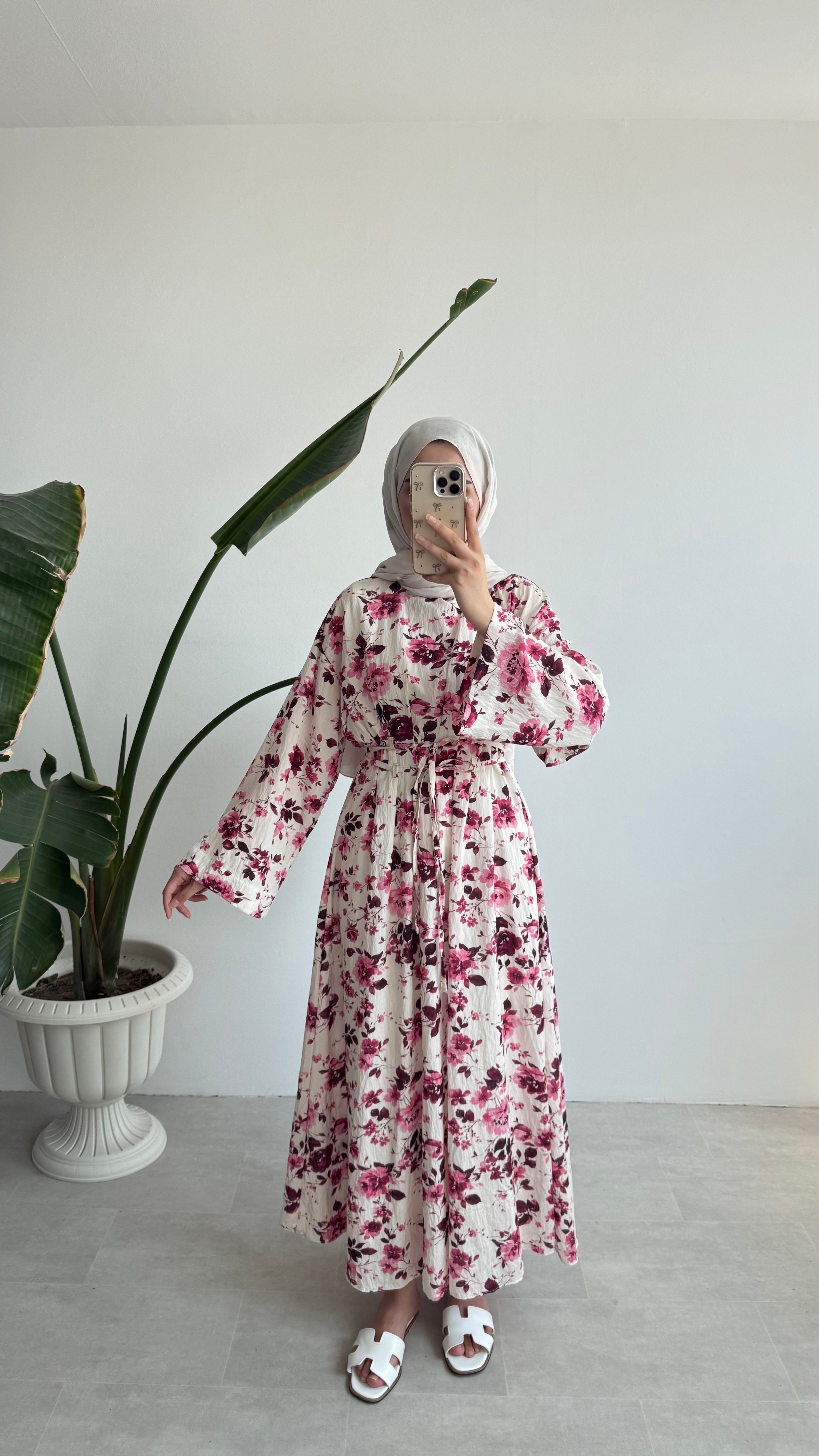 ÇİÇEK DESENLİ UZUN ELBİSE - PEMBE