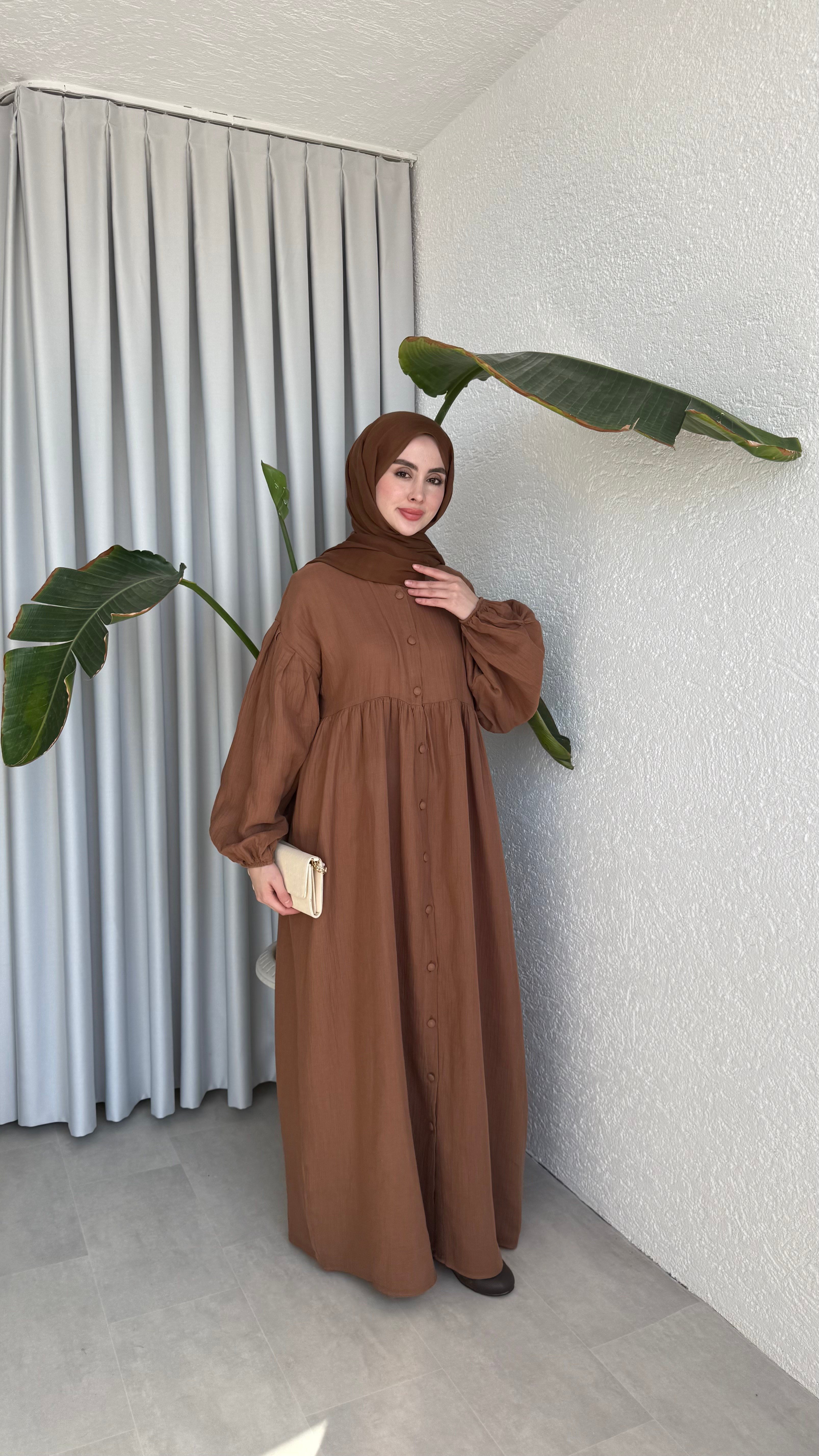 FARAH MÜSLİN ELBİSE - KAHVE