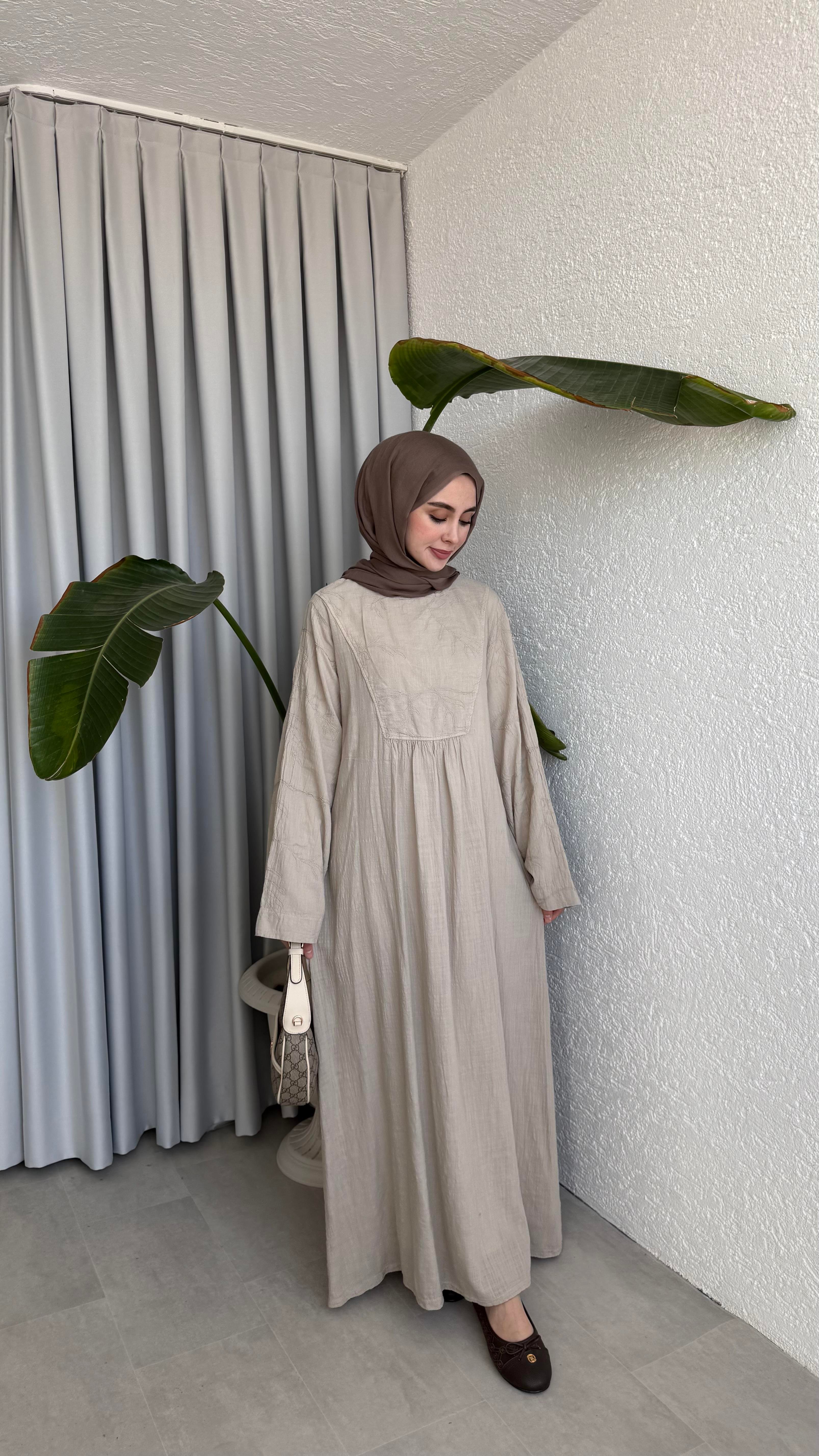 NAKIŞLI ELBİSE - BEJ 